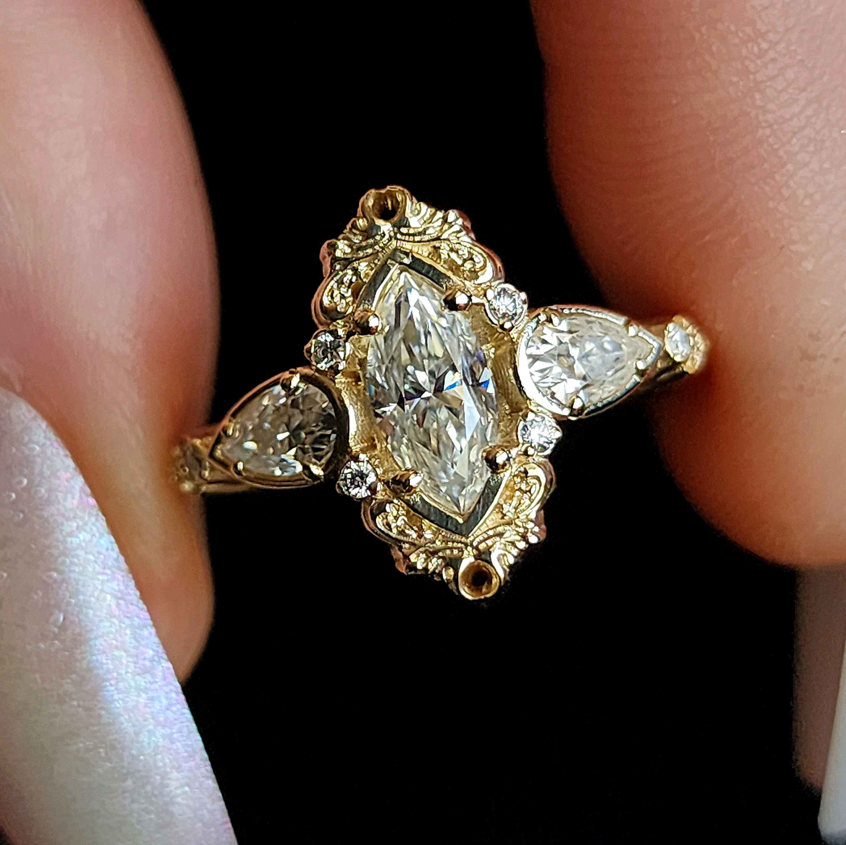 Odette Marquise Engagement Ring with Pear Side Stones and Gold Scrollwork - Fantasy Filigree 14k Gold Handmade Ring - Image 4