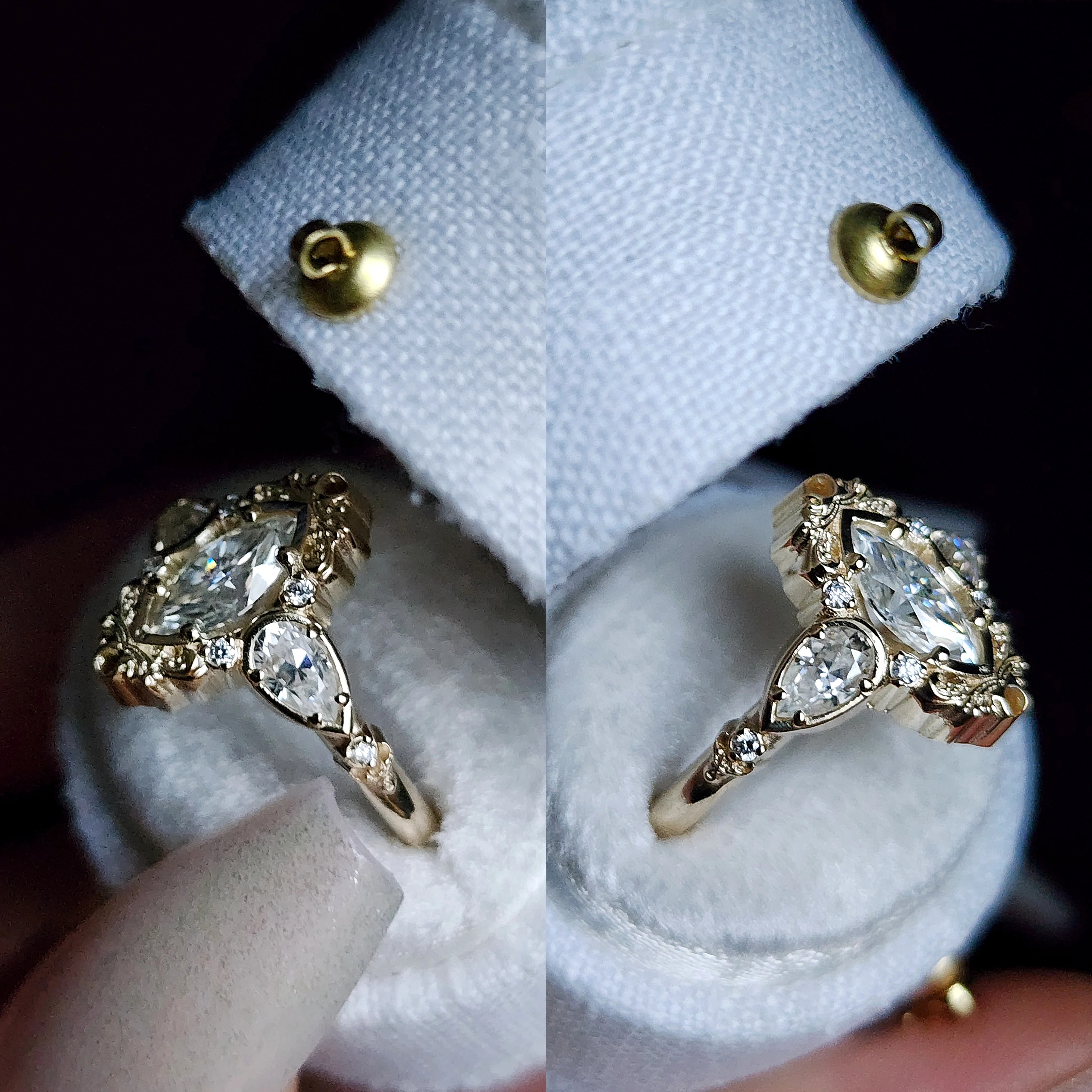 Odette Marquise Engagement Ring with Pear Side Stones and Gold Scrollwork - Fantasy Filigree 14k Gold Handmade Ring - Image 5