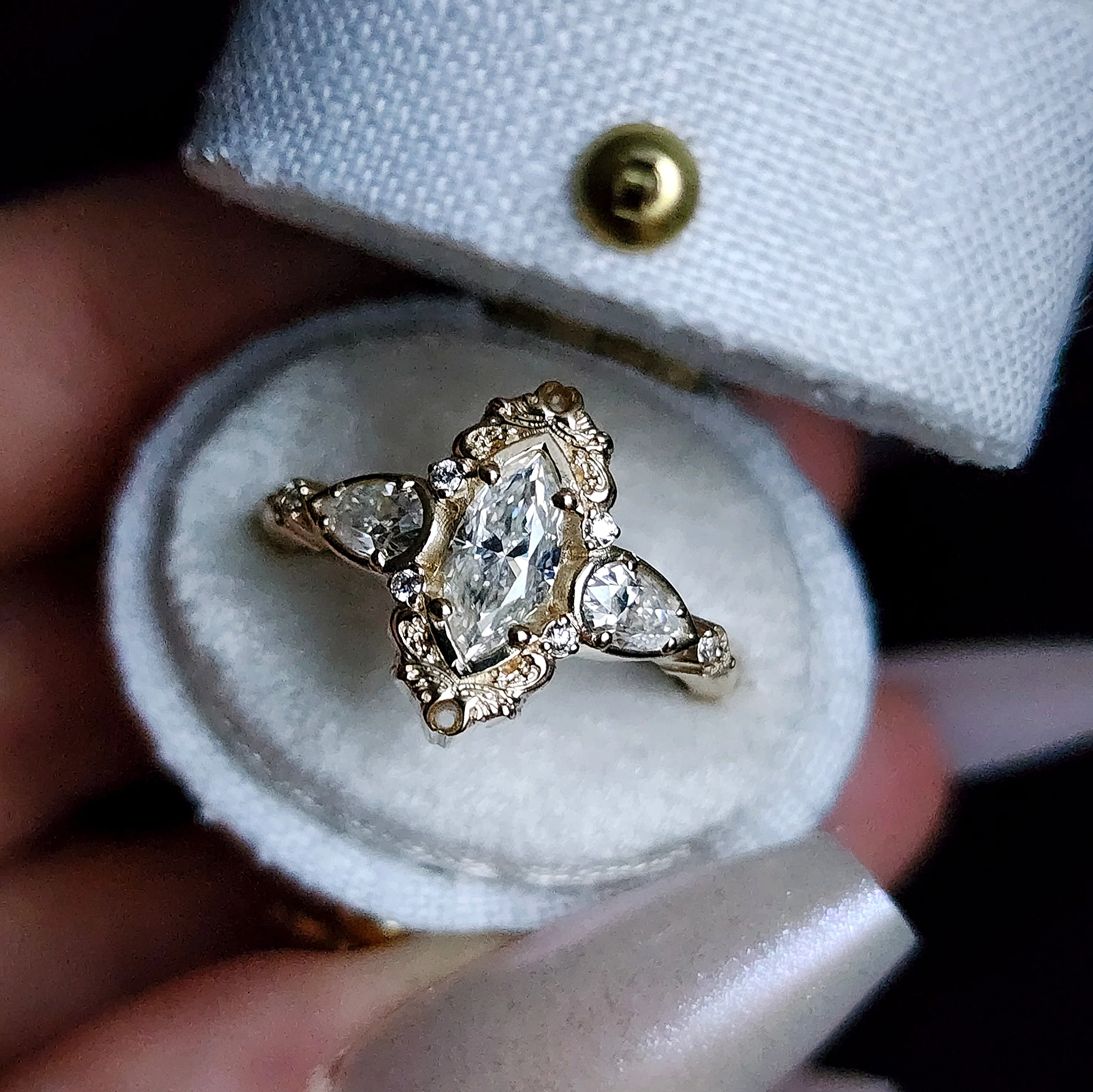 Odette Marquise Engagement Ring with Pear Side Stones and Gold Scrollwork - Fantasy Filigree 14k Gold Handmade Ring - Image 7