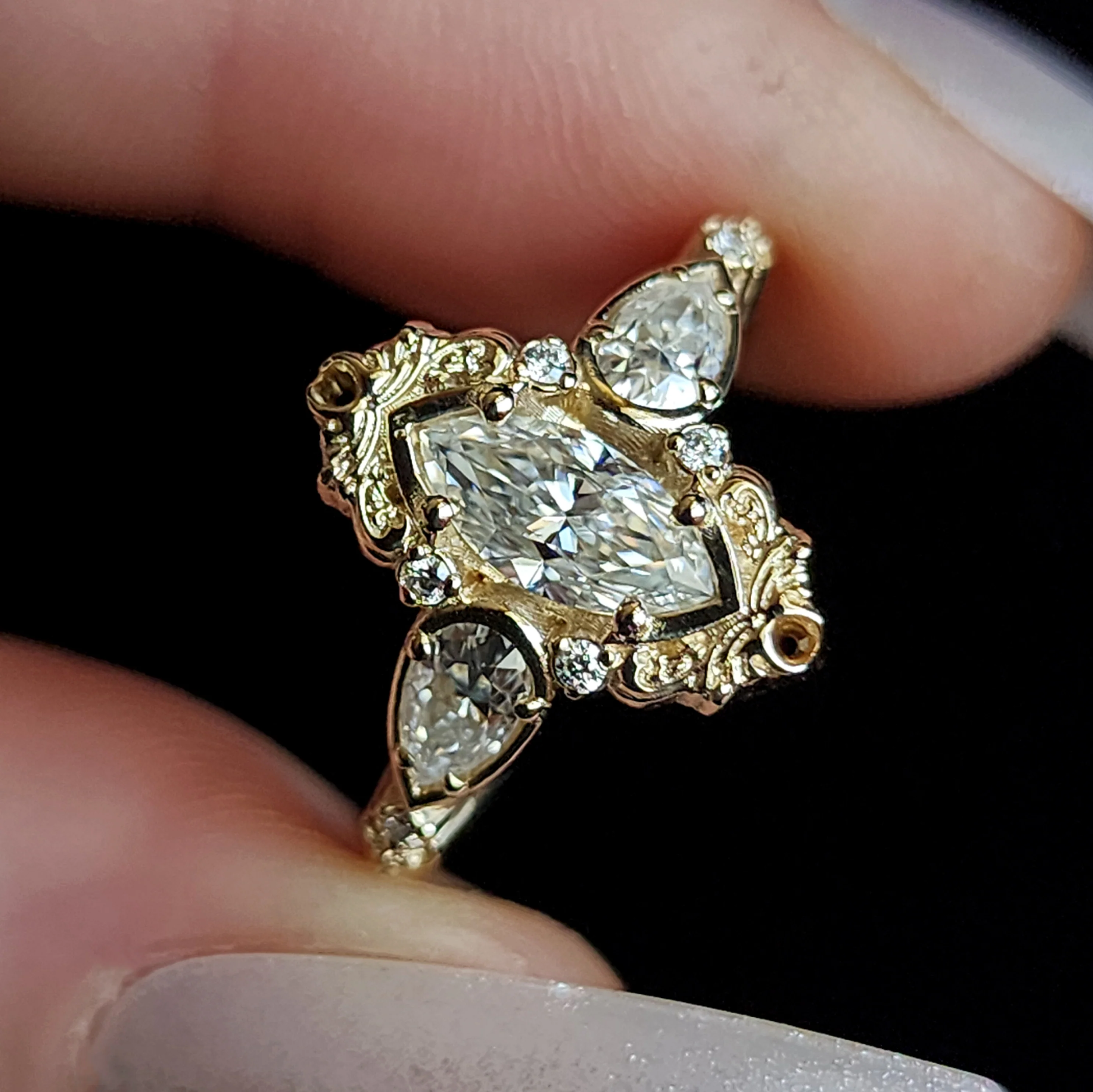 Odette Marquise Engagement Ring with Pear Side Stones and Gold Scrollwork - Fantasy Filigree 14k Gold Handmade Ring - Image 9