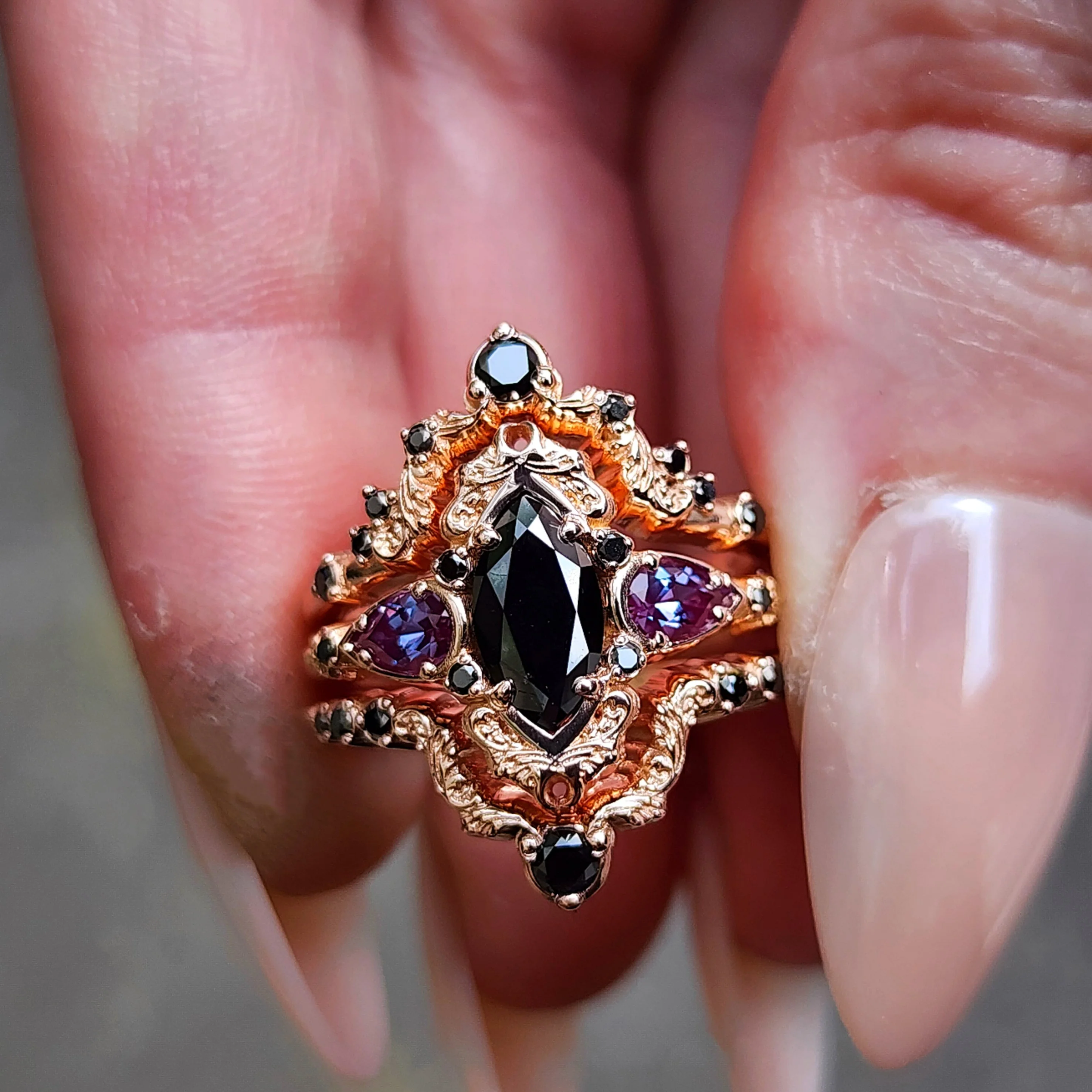 Odile Black Diamond Marquise Engagement Ring Set - Gothic Dark Fairytale - Image 7
