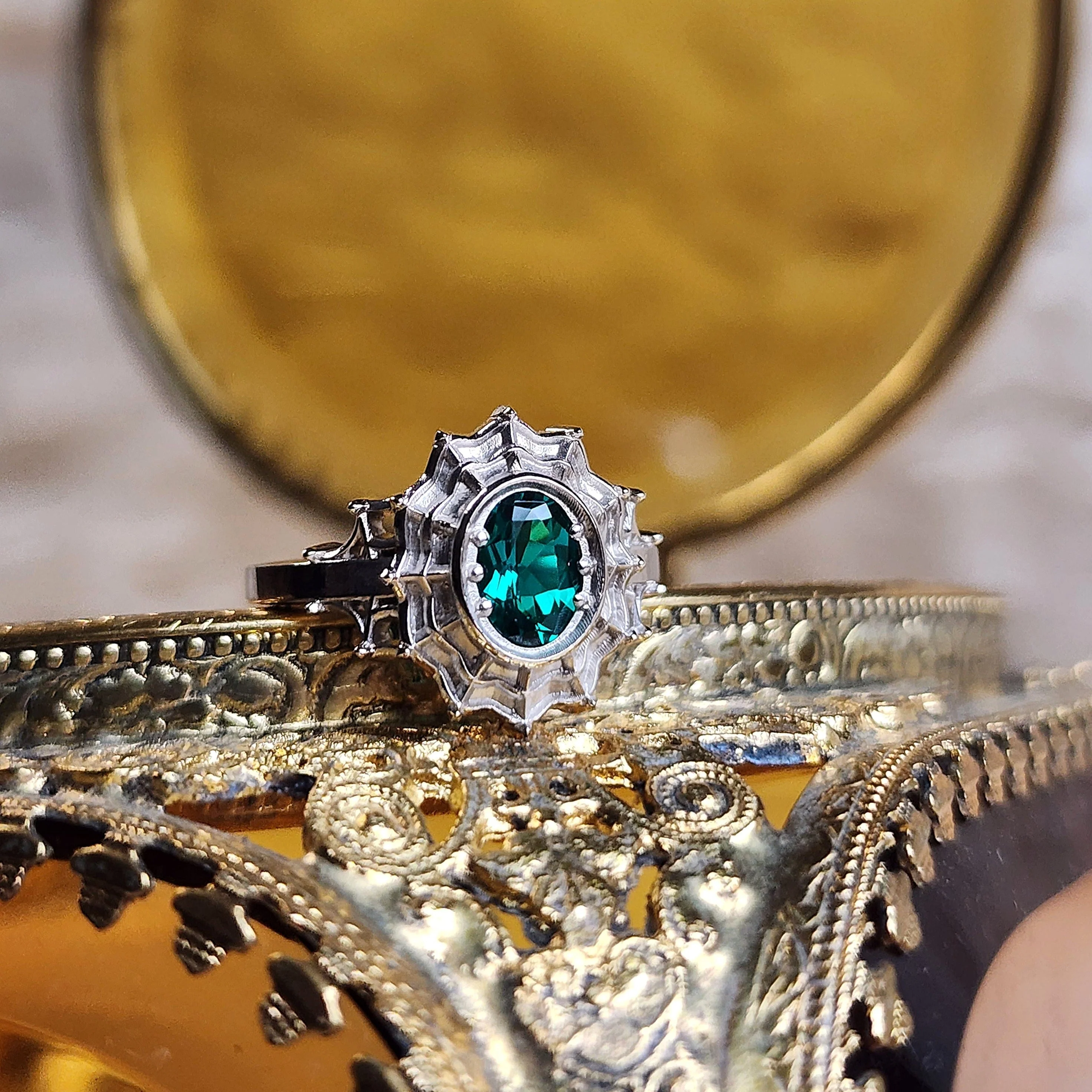 Oval Morticia Spider Web Engagement Ring 14k Gold - Custom Choose Your Chatham Gemstone