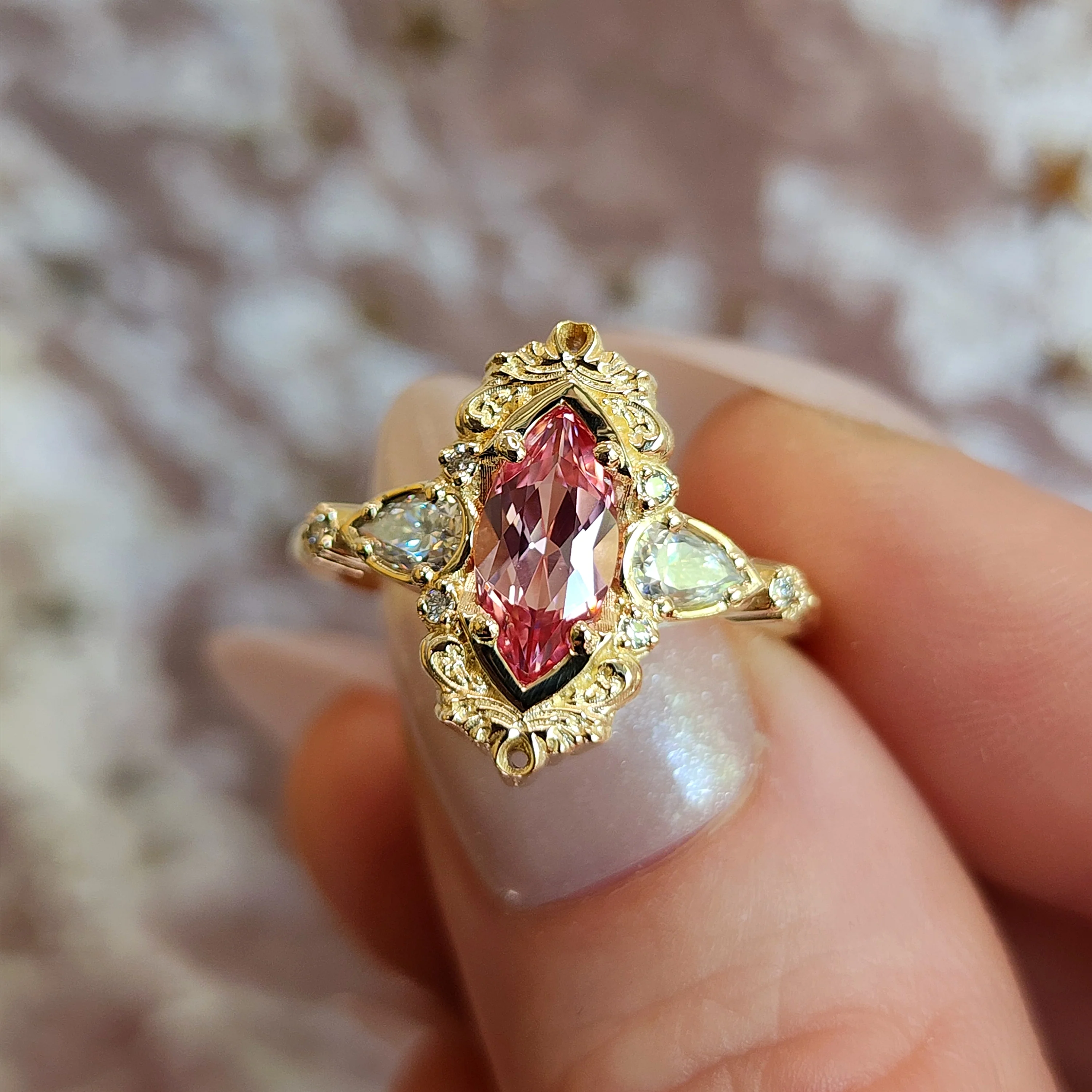 Peachy Pink Sapphire Odette Marquise Engagement Ring Set with Gold Baroque Details - 14k Gold - Pick Your Gemstone - Image 12