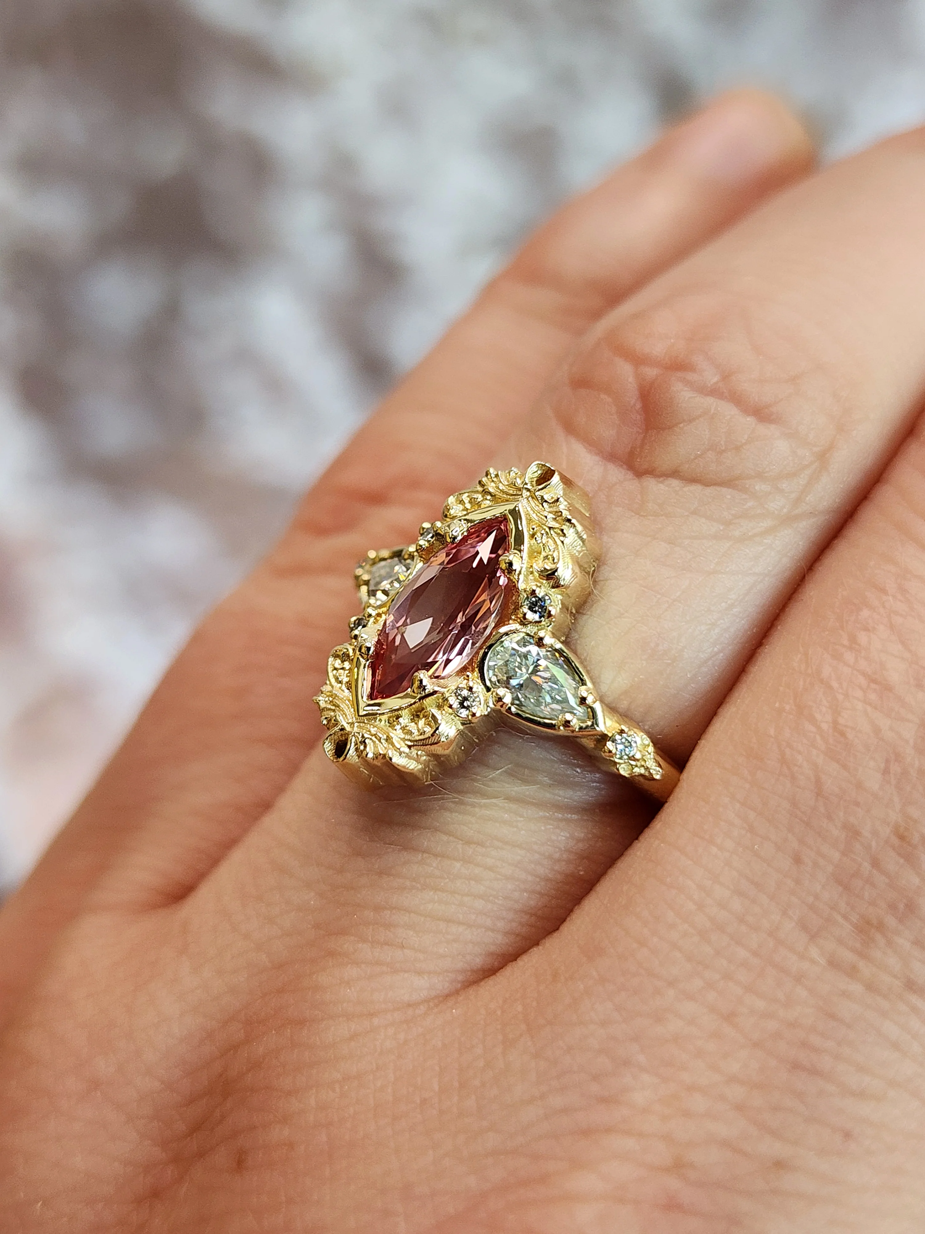 Peachy Pink Sapphire Odette Marquise Engagement Ring Set with Gold Baroque Details - 14k Gold - Pick Your Gemstone - Image 14