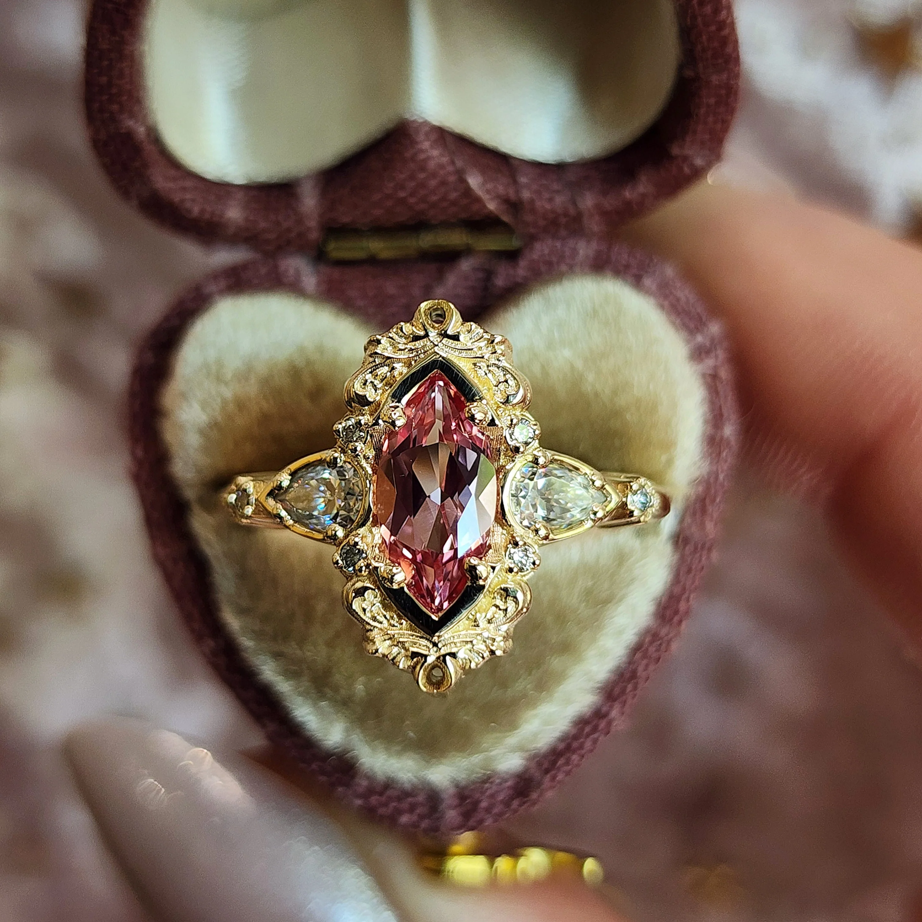 Peachy Pink Sapphire Odette Marquise Engagement Ring Set with Gold Baroque Details - 14k Gold - Pick Your Gemstone - Image 6
