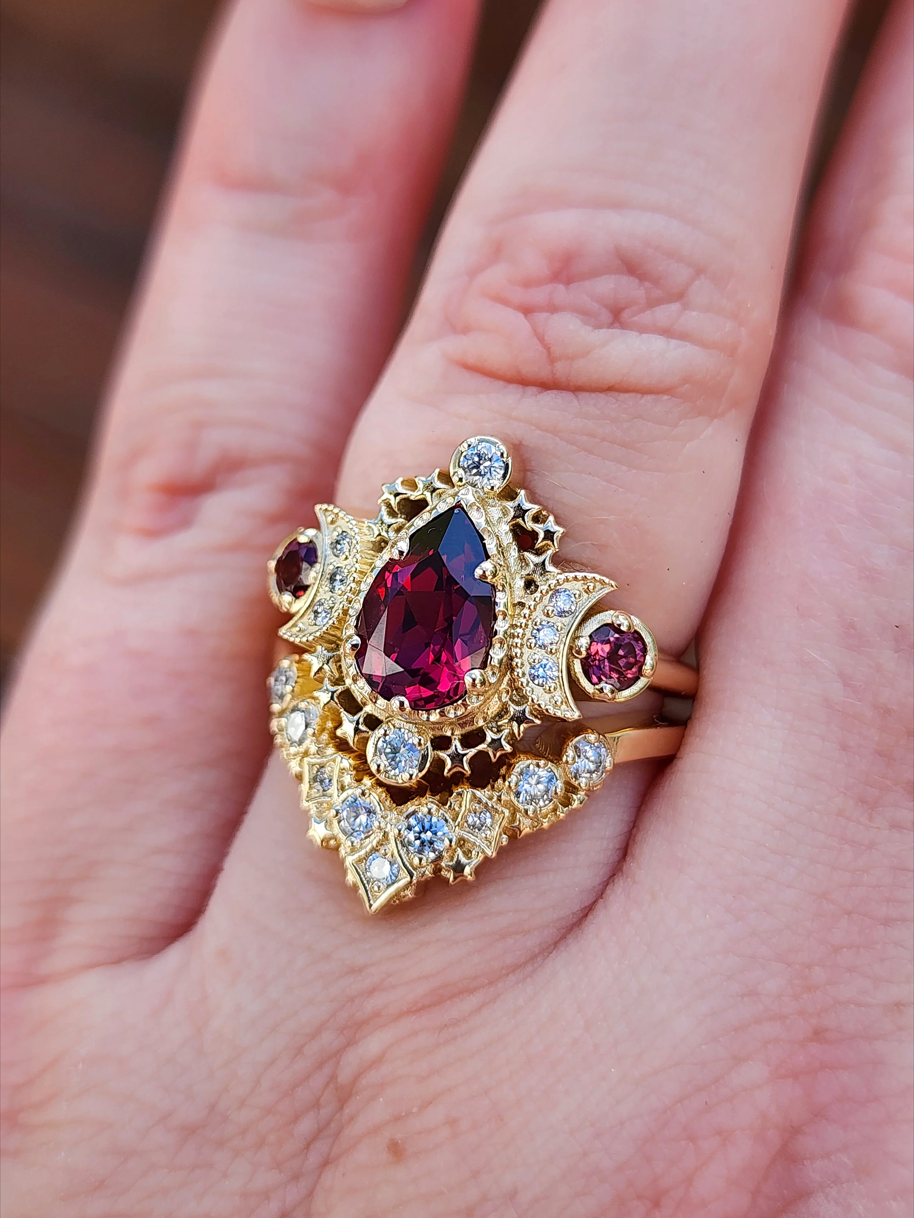 Pear Rhodolite Garnet Cosmos Engagement Ring Set with Diamond Stardust Chevron - 14k Gold - Image 12