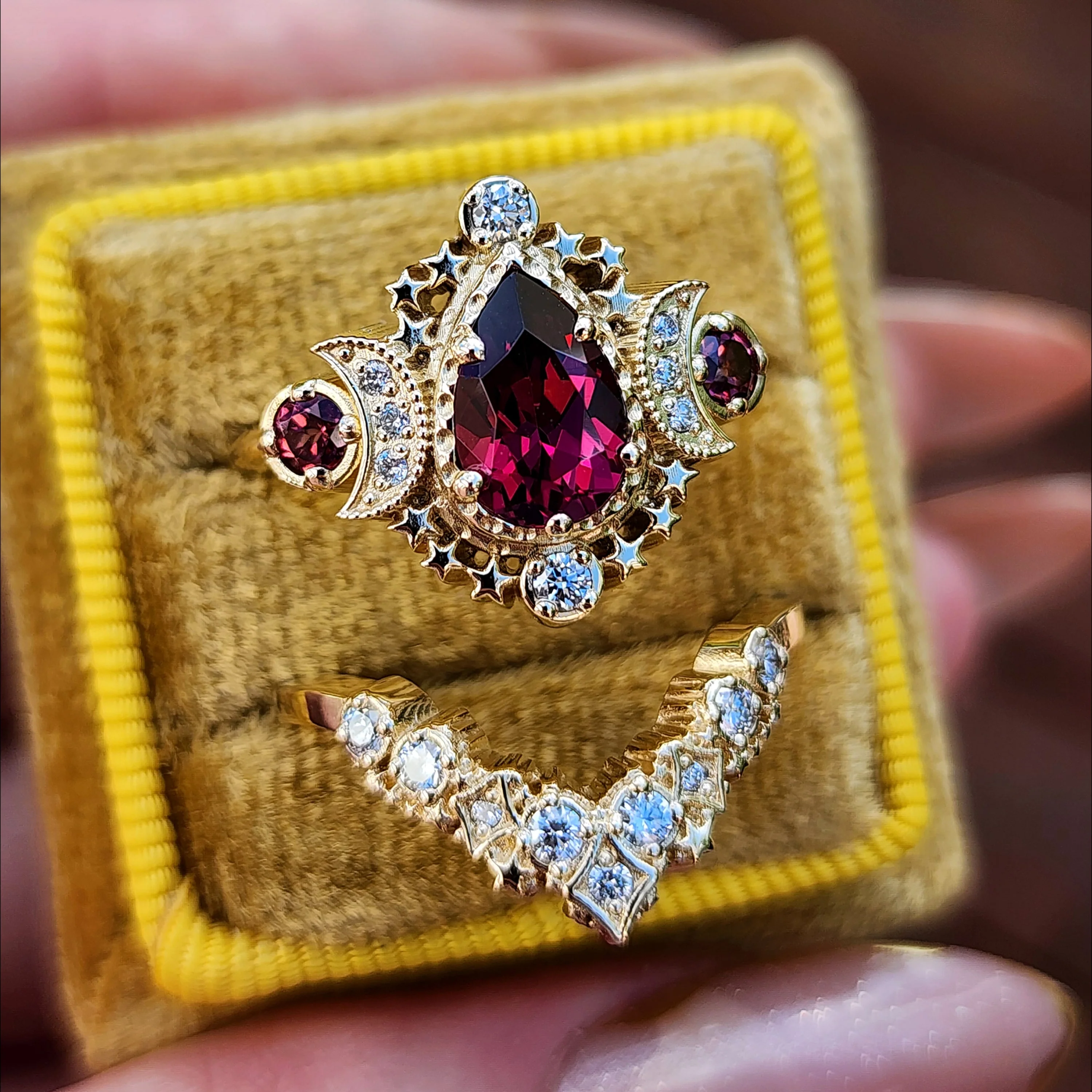 Pear Rhodolite Garnet Cosmos Engagement Ring Set with Diamond Stardust Chevron - 14k Gold - Image 3