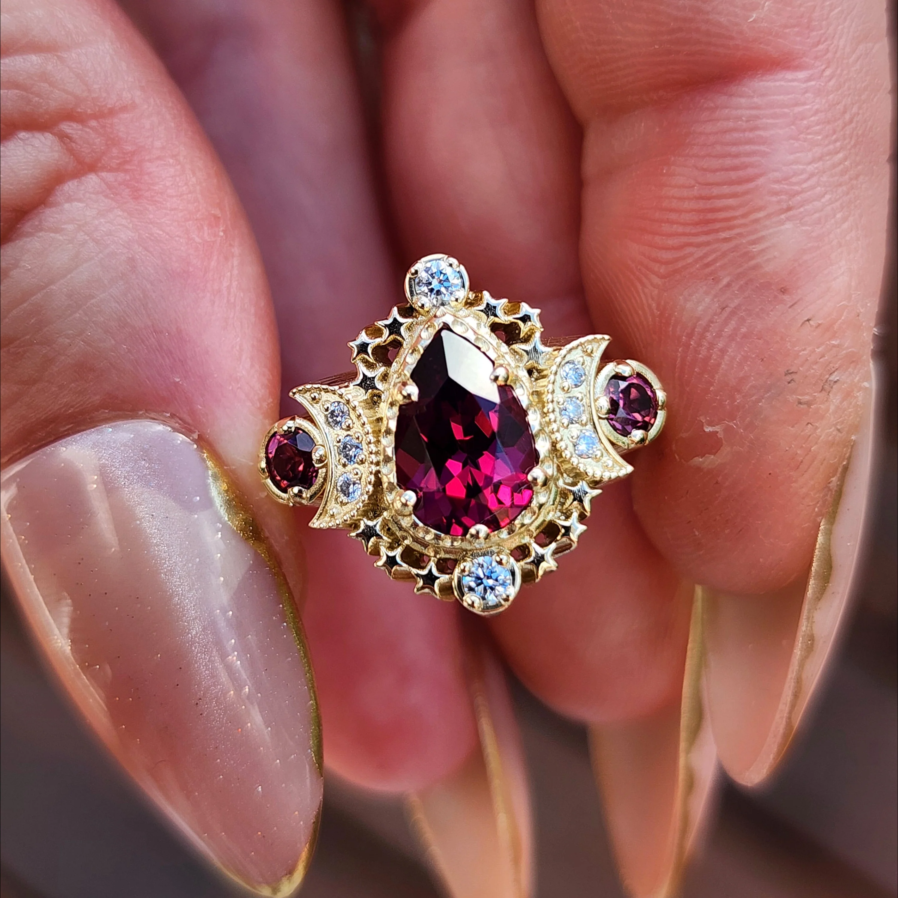 Pear Rhodolite Garnet Cosmos Engagement Ring Set with Diamond Stardust Chevron - 14k Gold - Image 9