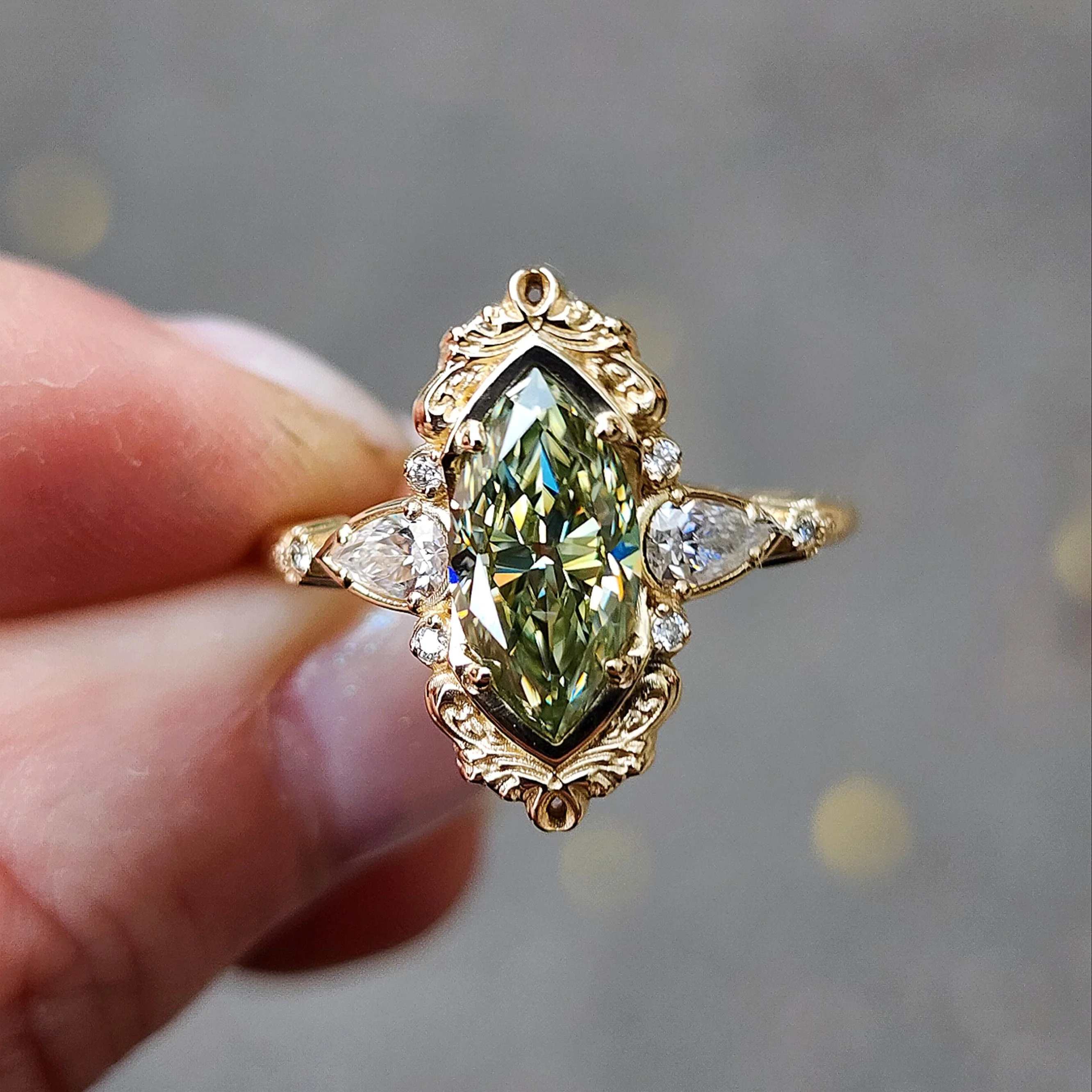 Last One - Fairy Green Moissanite Odette Marquise Engagement Ring with Pear Gems and Gold Scrolls - Fairytale Filigree 14k Gold Handcrafted Ring
