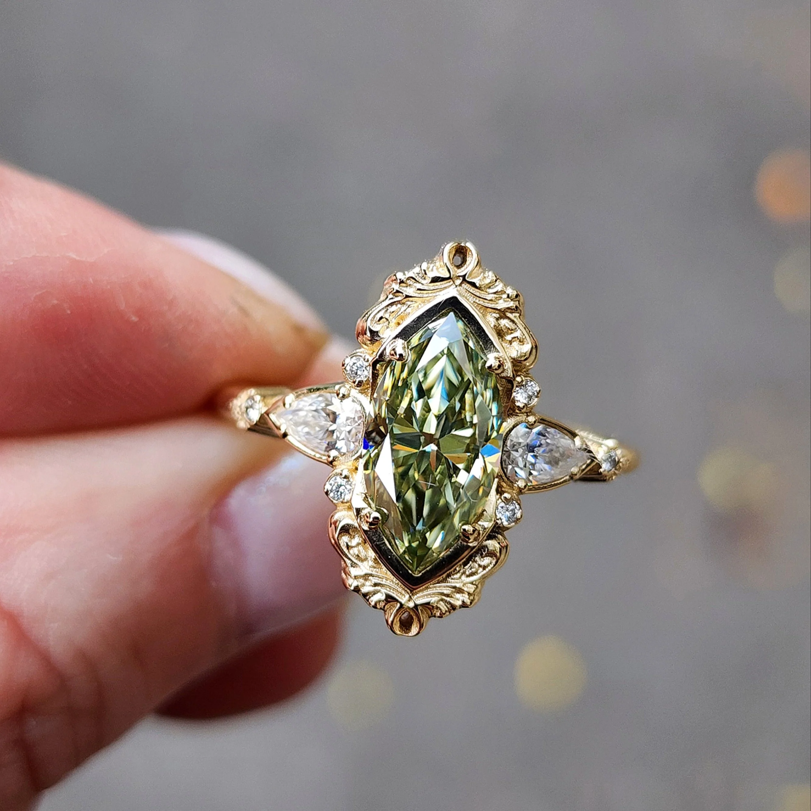 Last One - Fairy Green Moissanite Odette Marquise Engagement Ring with Pear Gems and Gold Scrolls - Fairytale Filigree 14k Gold Handcrafted Ring - Image 2
