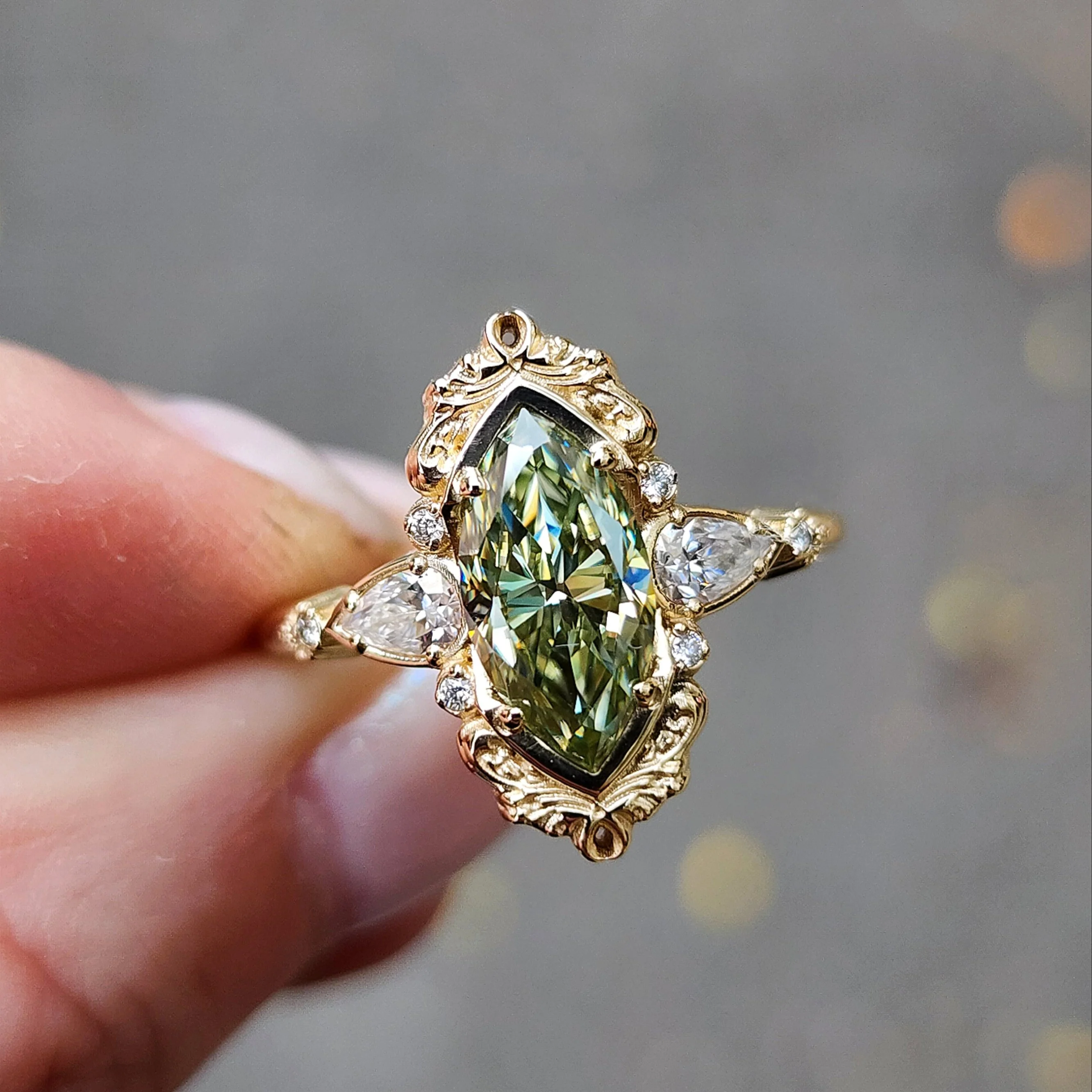 Last One - Fairy Green Moissanite Odette Marquise Engagement Ring with Pear Gems and Gold Scrolls - Fairytale Filigree 14k Gold Handcrafted Ring - Image 3