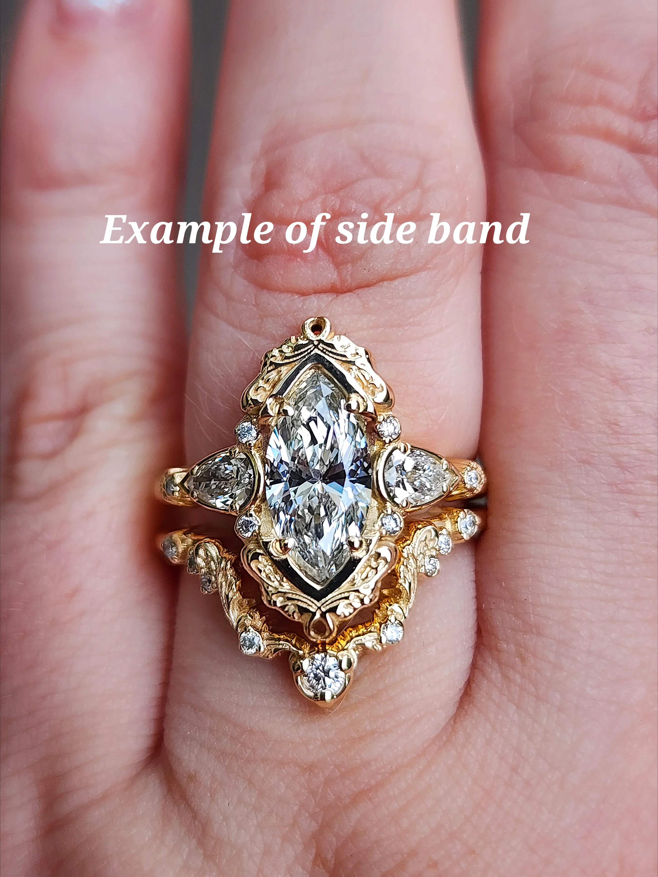Last One - Fairy Green Moissanite Odette Marquise Engagement Ring with Pear Gems and Gold Scrolls - Fairytale Filigree 14k Gold Handcrafted Ring - Image 4