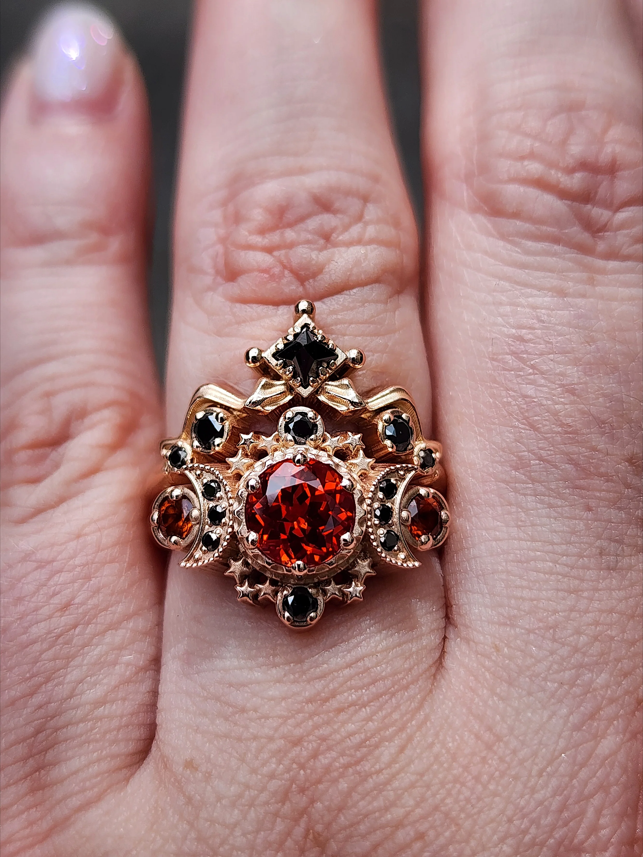 Pumpkin Queen Cosmos Engagement Ring with Black Diamond Snake Witch Chevron - Gothic Fairytale Wedding Jewelry 14k Gold - Image 6