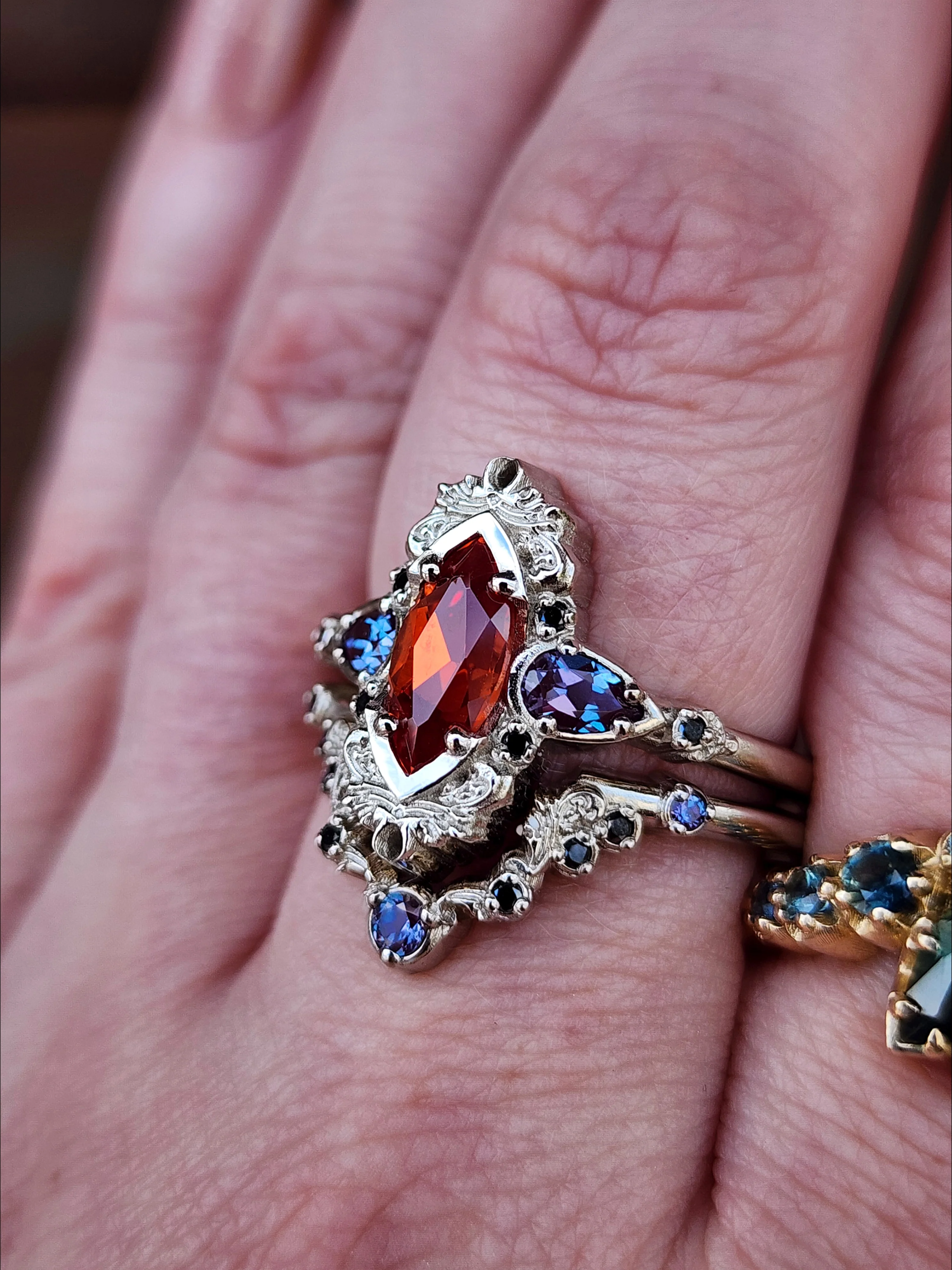 Pumpkin Queen Odile Padparadscha Sapphire Marquise Engagement Ring Set with Antique Details - 14k Gold - Image 10