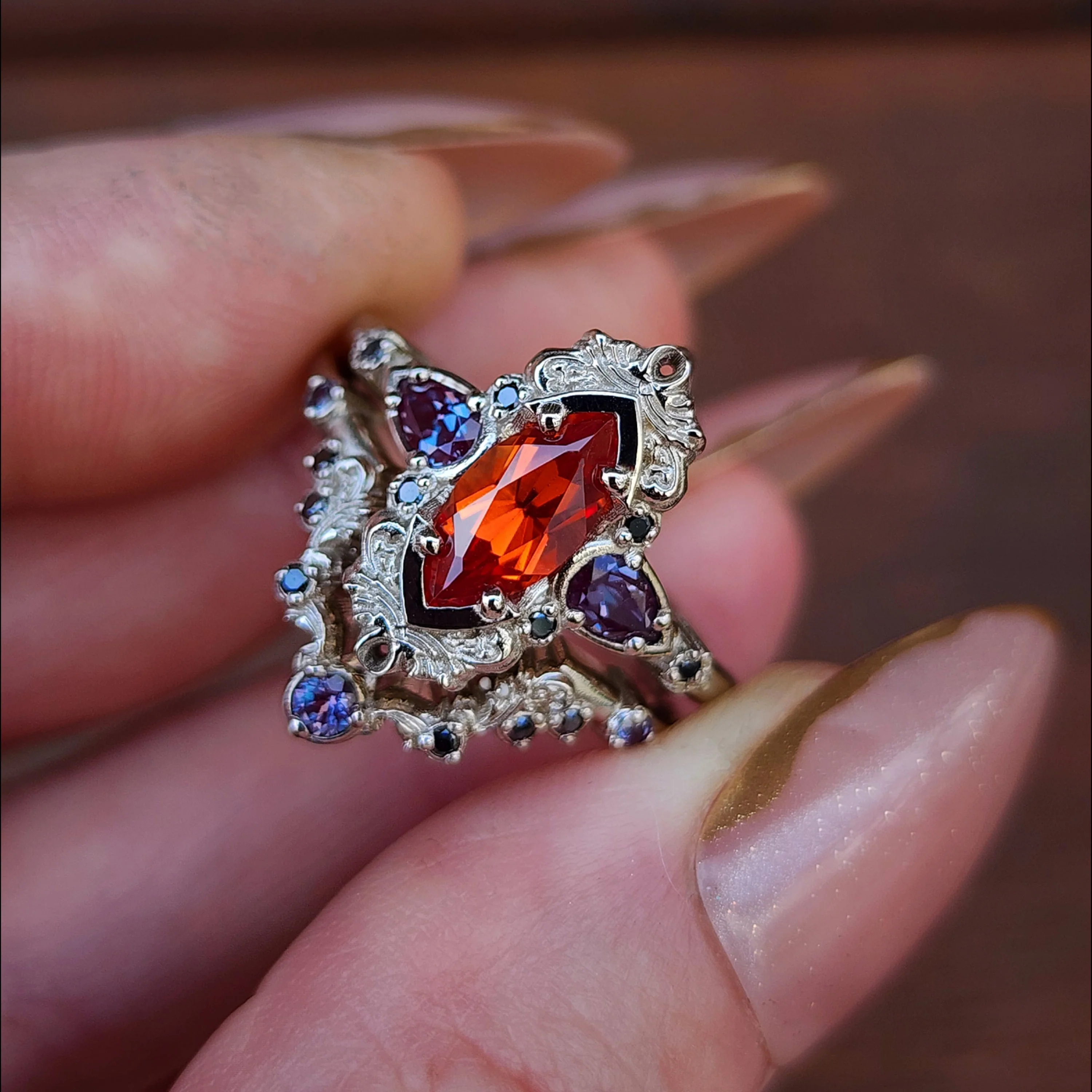 Pumpkin Queen Odile Padparadscha Sapphire Marquise Engagement Ring Set with Antique Details - 14k Gold - Image 2