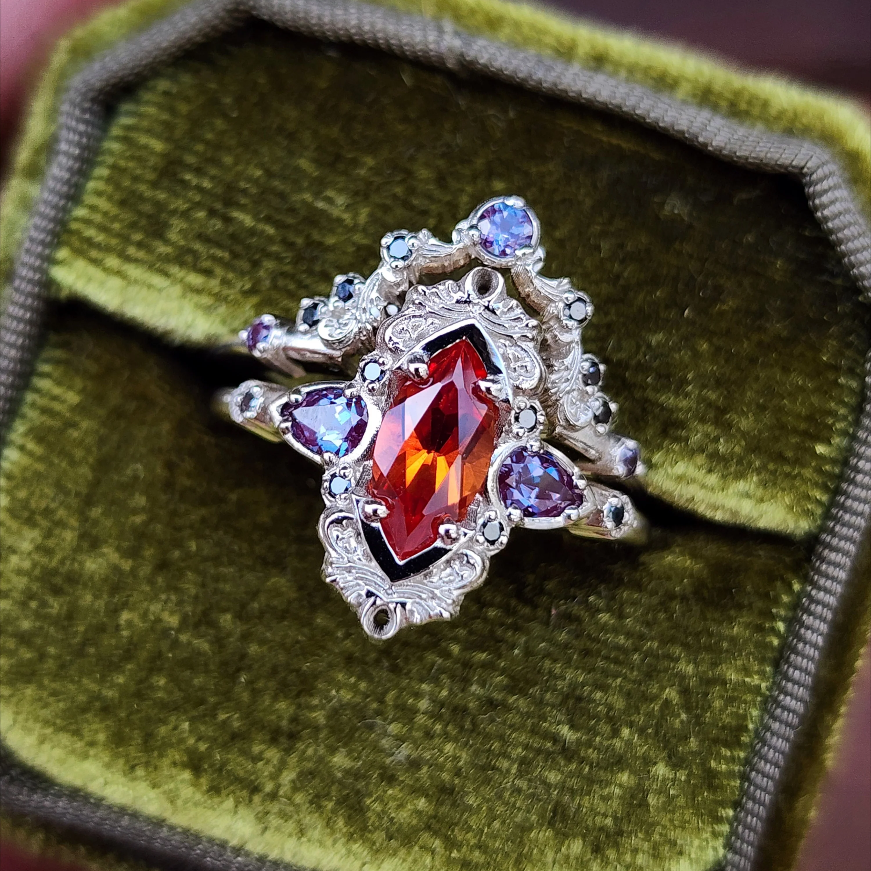 Pumpkin Queen Odile Padparadscha Sapphire Marquise Engagement Ring Set with Antique Details - 14k Gold - Image 3