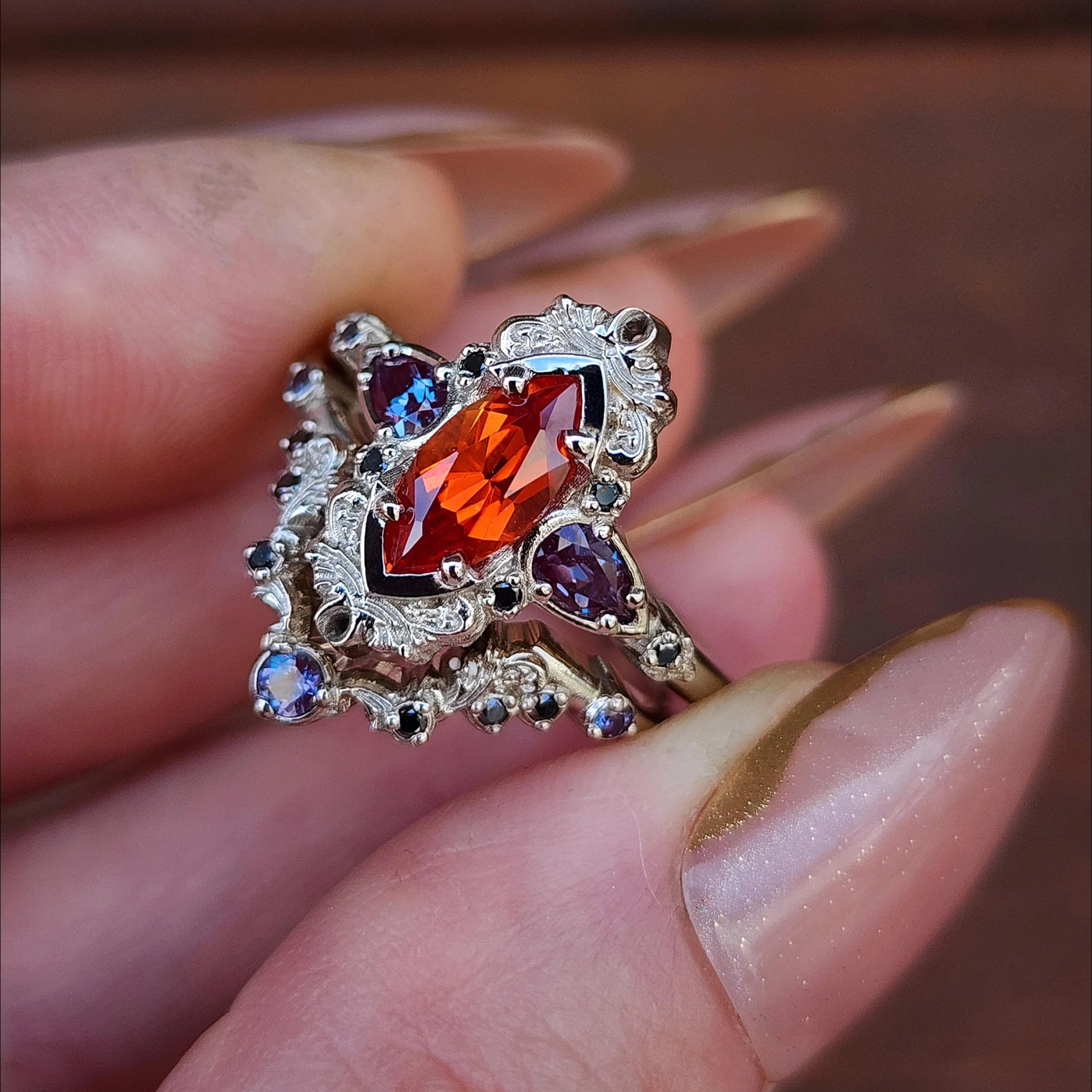 Pumpkin Queen Odile Padparadscha Sapphire Marquise Engagement Ring Set with Antique Details - 14k Gold - Image 7