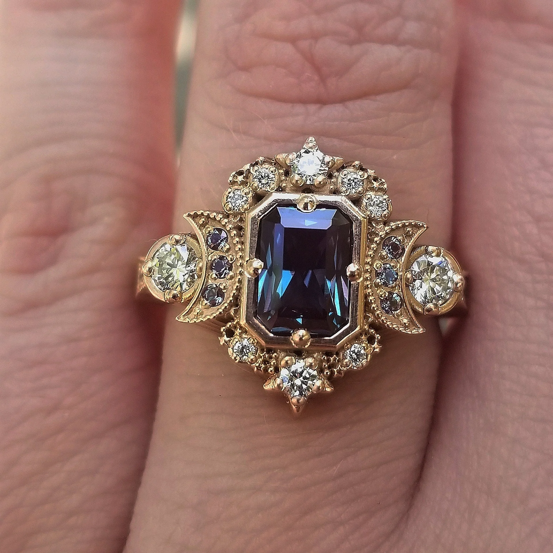 Radiant Alexandrite Selene Moon Engagement Ring - 14k Gold - Image 9