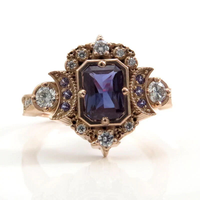 Radiant Emerald Cut Alexandrite Selene Crescent Moon Engagement Ring - Diamonds and Chatham Alexandrite - Image 10