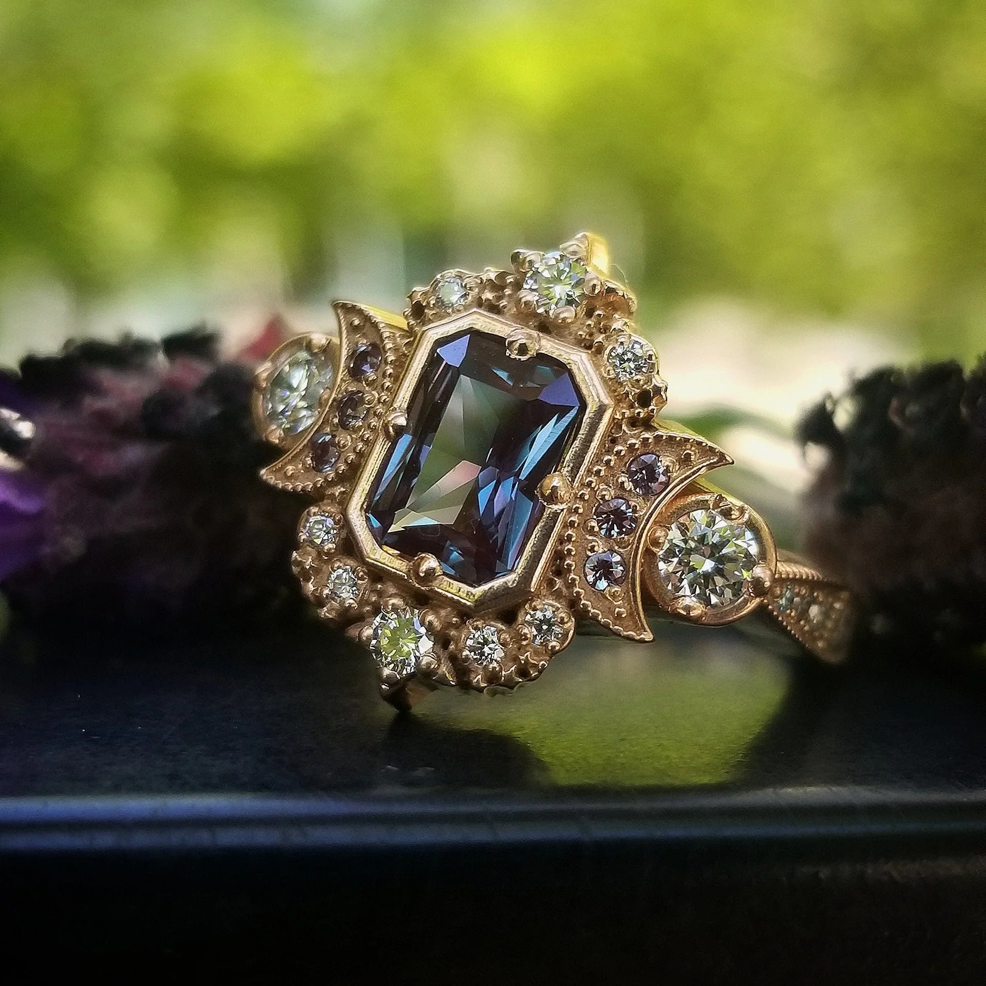Radiant Emerald Cut Alexandrite Selene Crescent Moon Engagement Ring - Diamonds and Chatham Alexandrite - Image 2