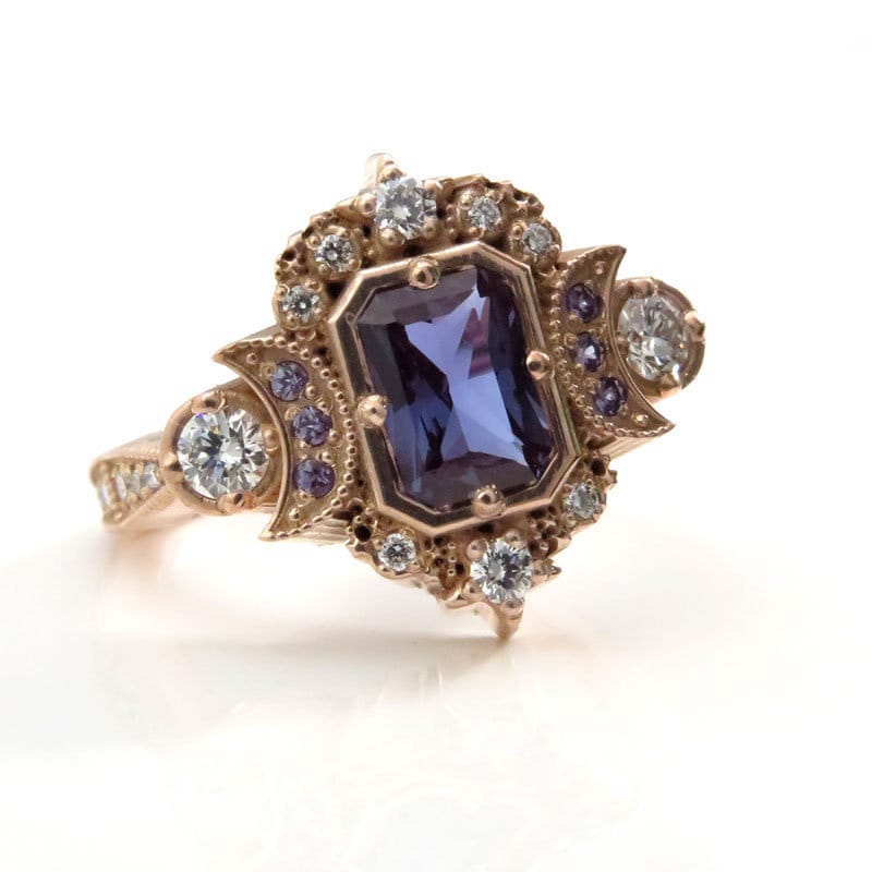 Radiant Emerald Cut Alexandrite Selene Crescent Moon Engagement Ring - Diamonds and Chatham Alexandrite - Image 7