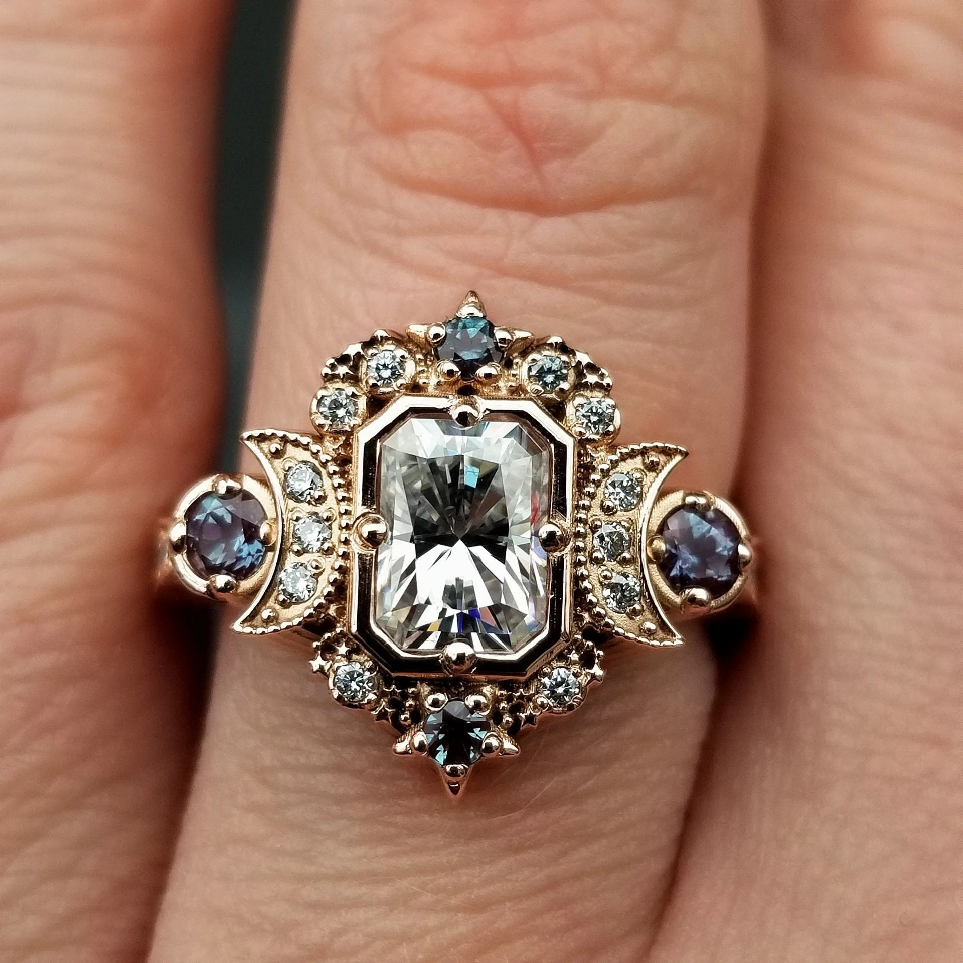 Radiant Selene Moon Goddess Engagement Ring - Moissanite , Diamond and Chatham Alexandrite - 14k Rose Gold - Celestial Bohemian - Image 2