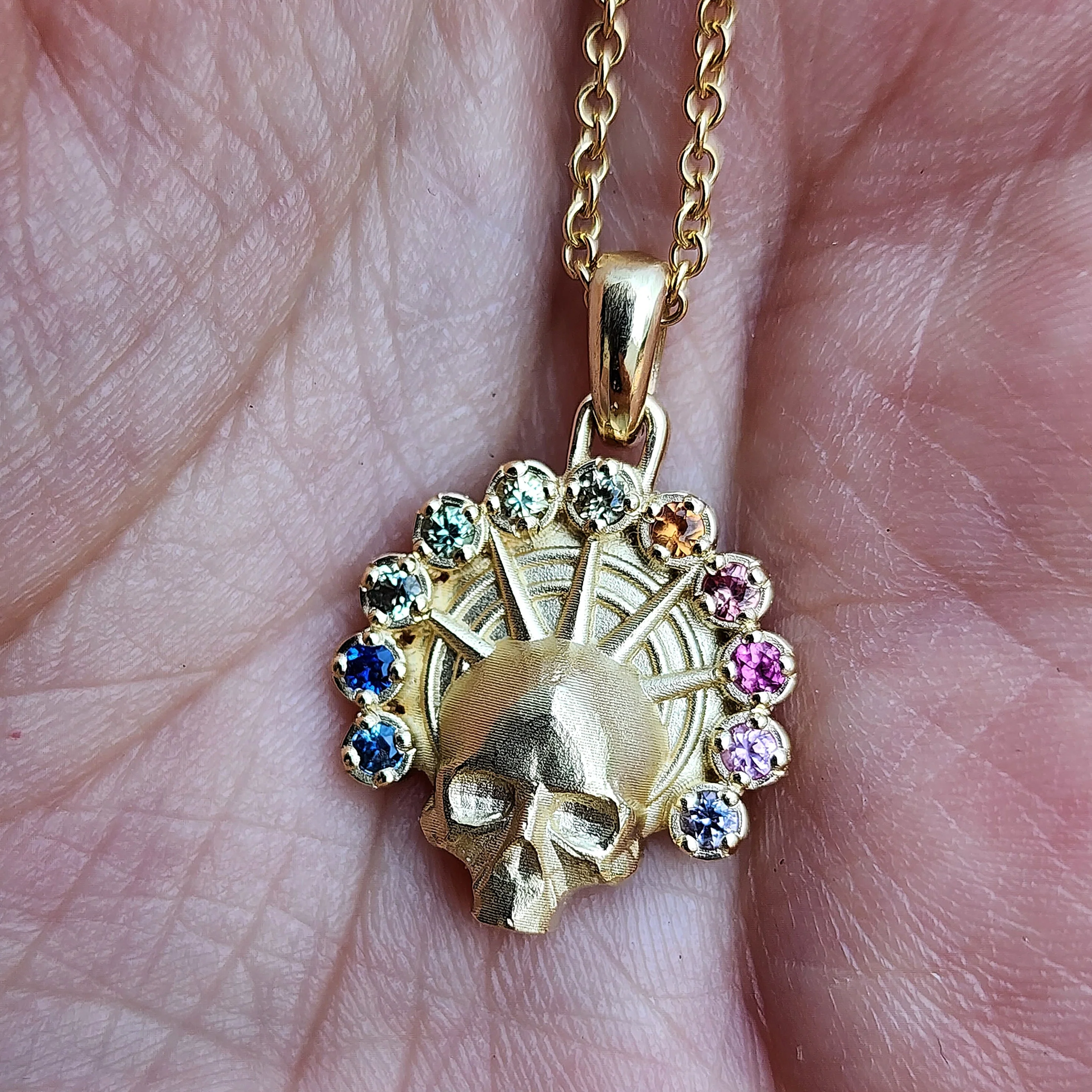 Rainbow Aura Angel Pendant - Catacomb Memento Mori Gold Skull Necklace with Natural Sapphires - Gothic Fine Jewelry - Image 3