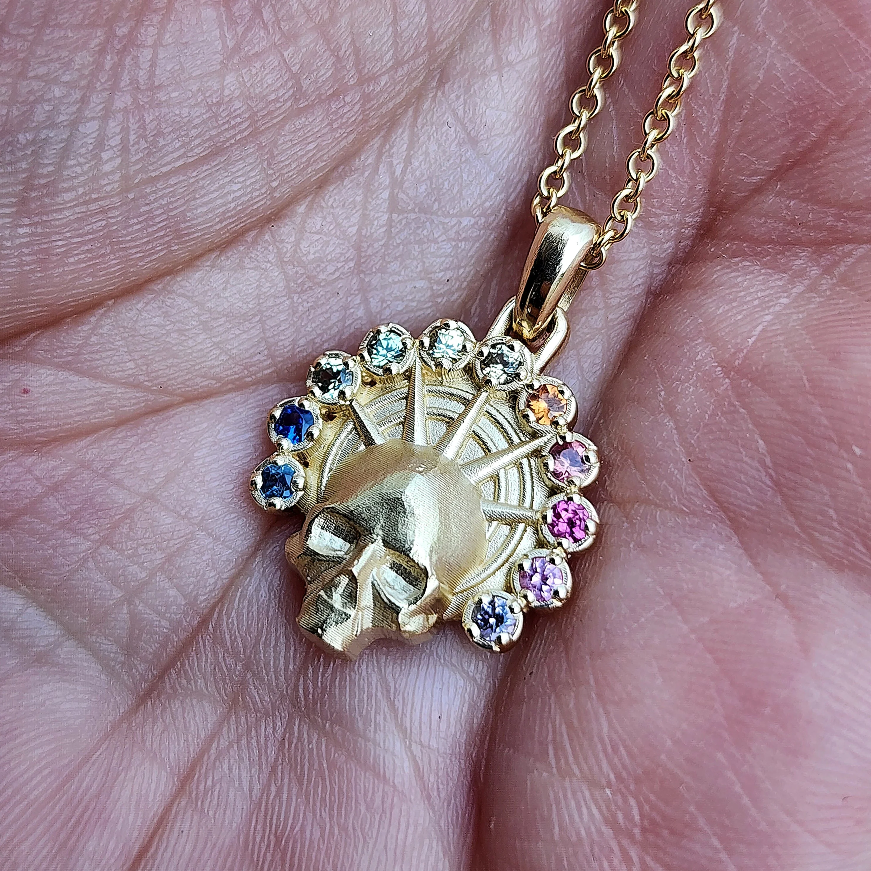 Rainbow Aura Angel Pendant - Catacomb Memento Mori Gold Skull Necklace with Natural Sapphires - Gothic Fine Jewelry - Image 5
