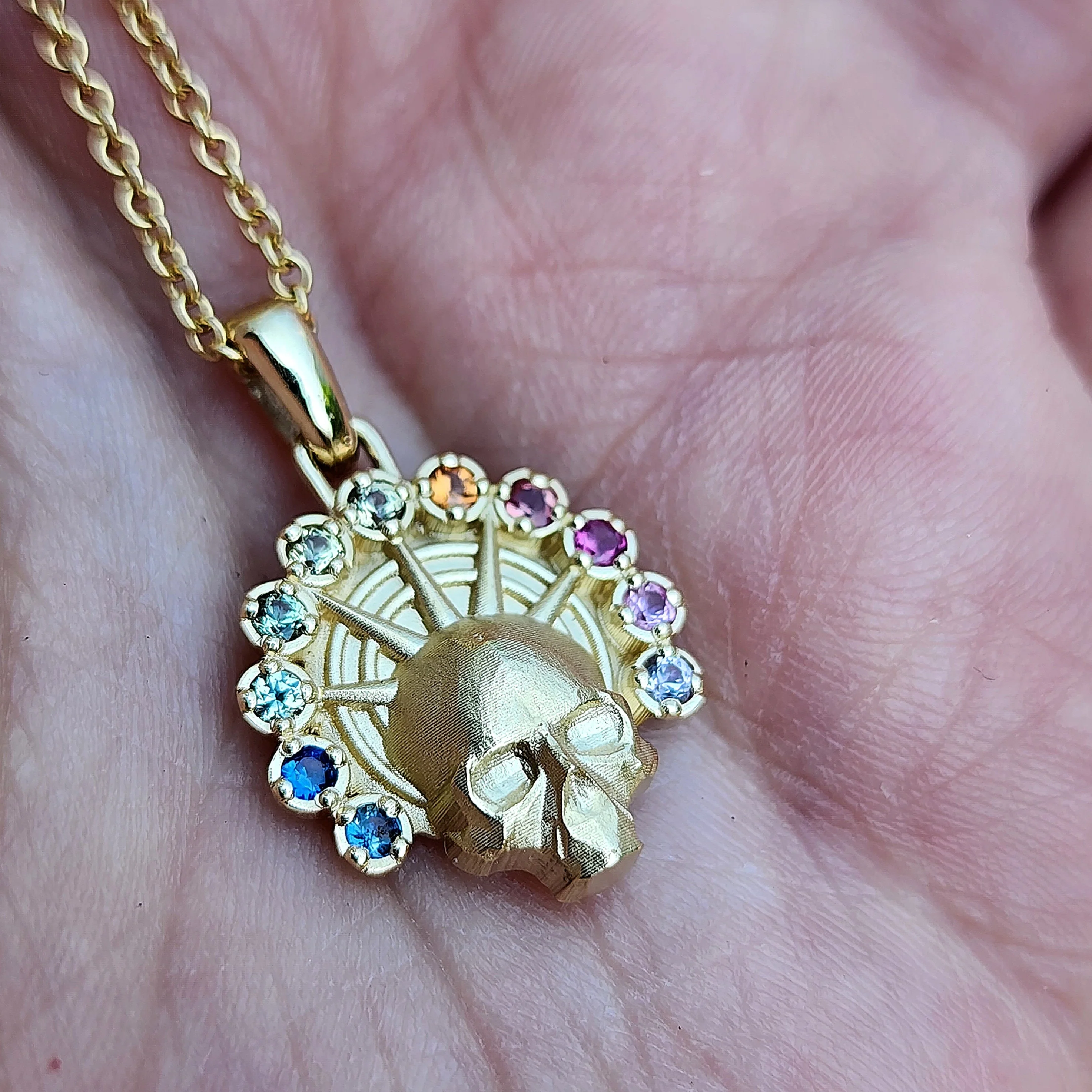 Rainbow Aura Angel Pendant - Catacomb Memento Mori Gold Skull Necklace with Natural Sapphires - Gothic Fine Jewelry - Image 6