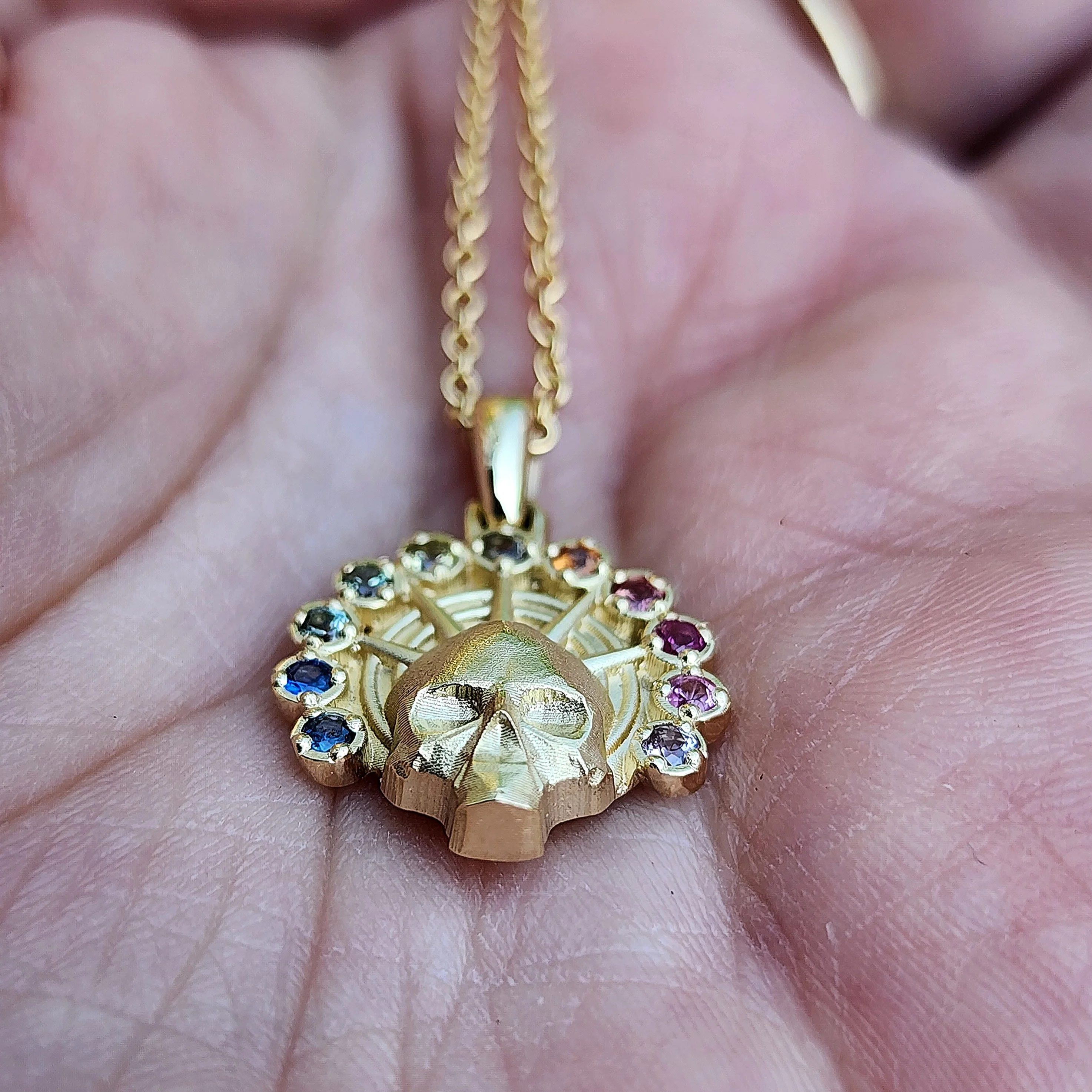 Rainbow Aura Angel Pendant - Catacomb Memento Mori Gold Skull Necklace with Natural Sapphires - Gothic Fine Jewelry - Image 7
