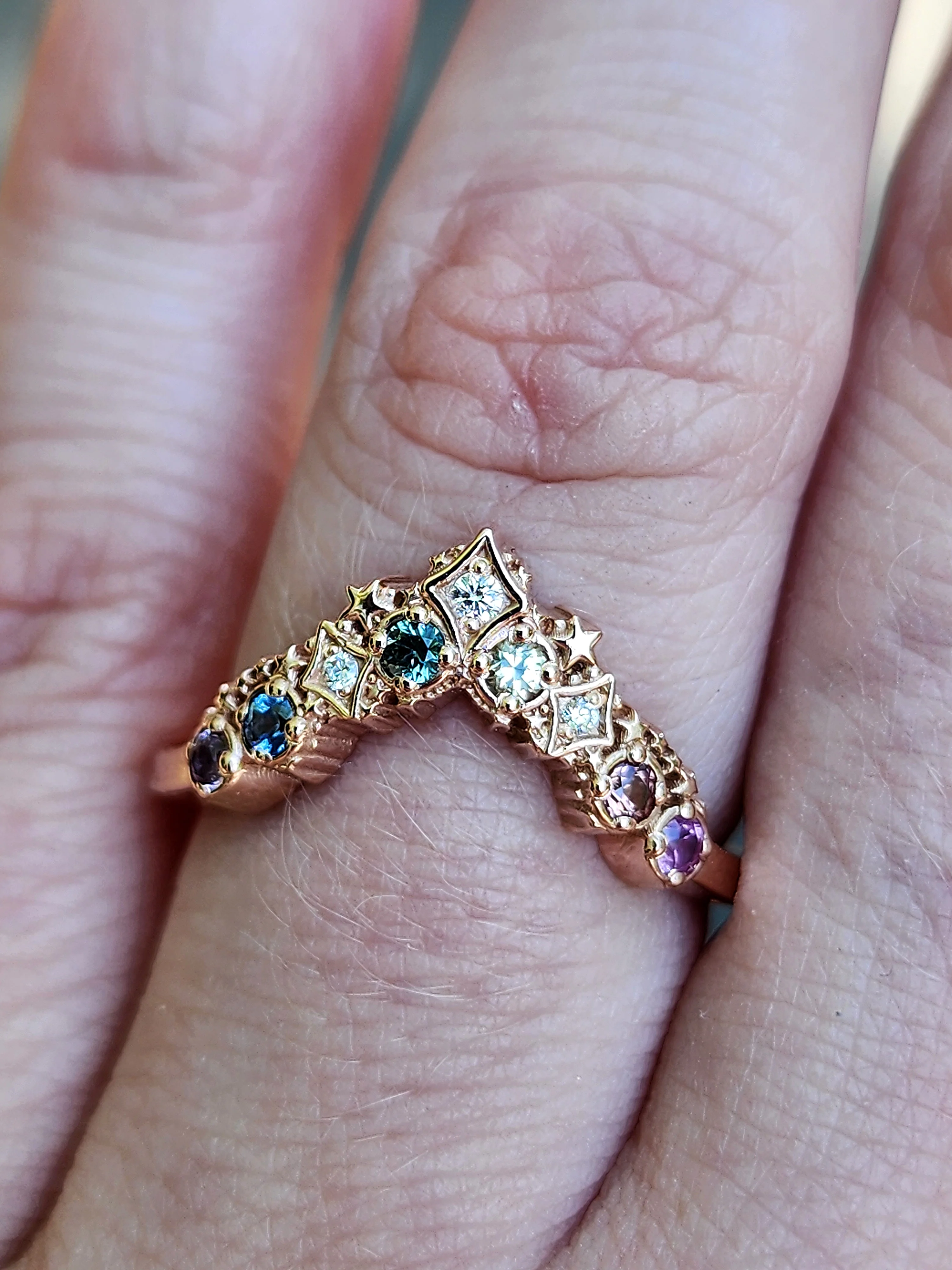 Rainbow Sapphire Stardust Chevron Wedding Band with Black or White Diamond Accents - 14k Gold - Image 3