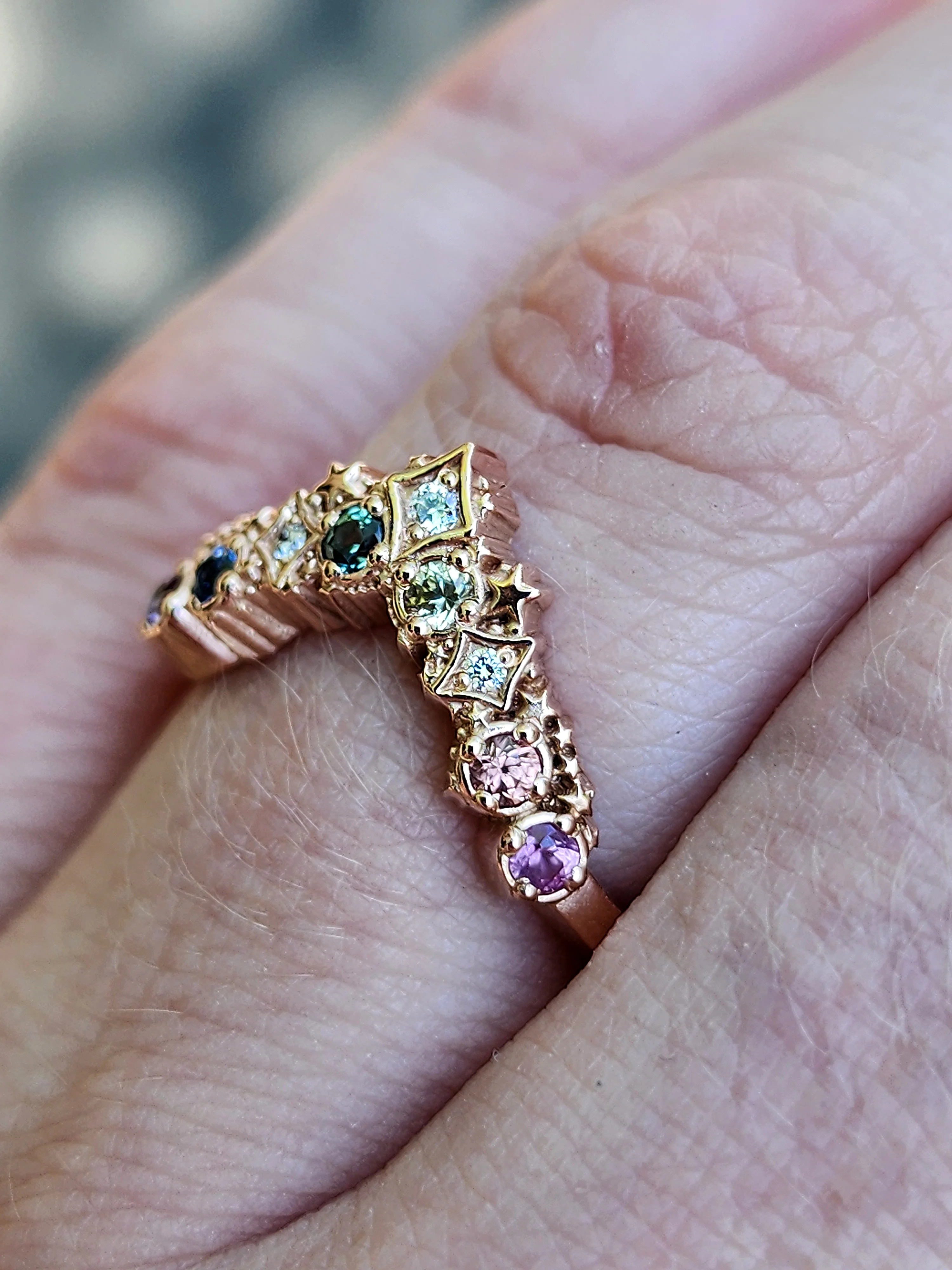Rainbow Sapphire Stardust Chevron Wedding Band with Black or White Diamond Accents - 14k Gold - Image 4
