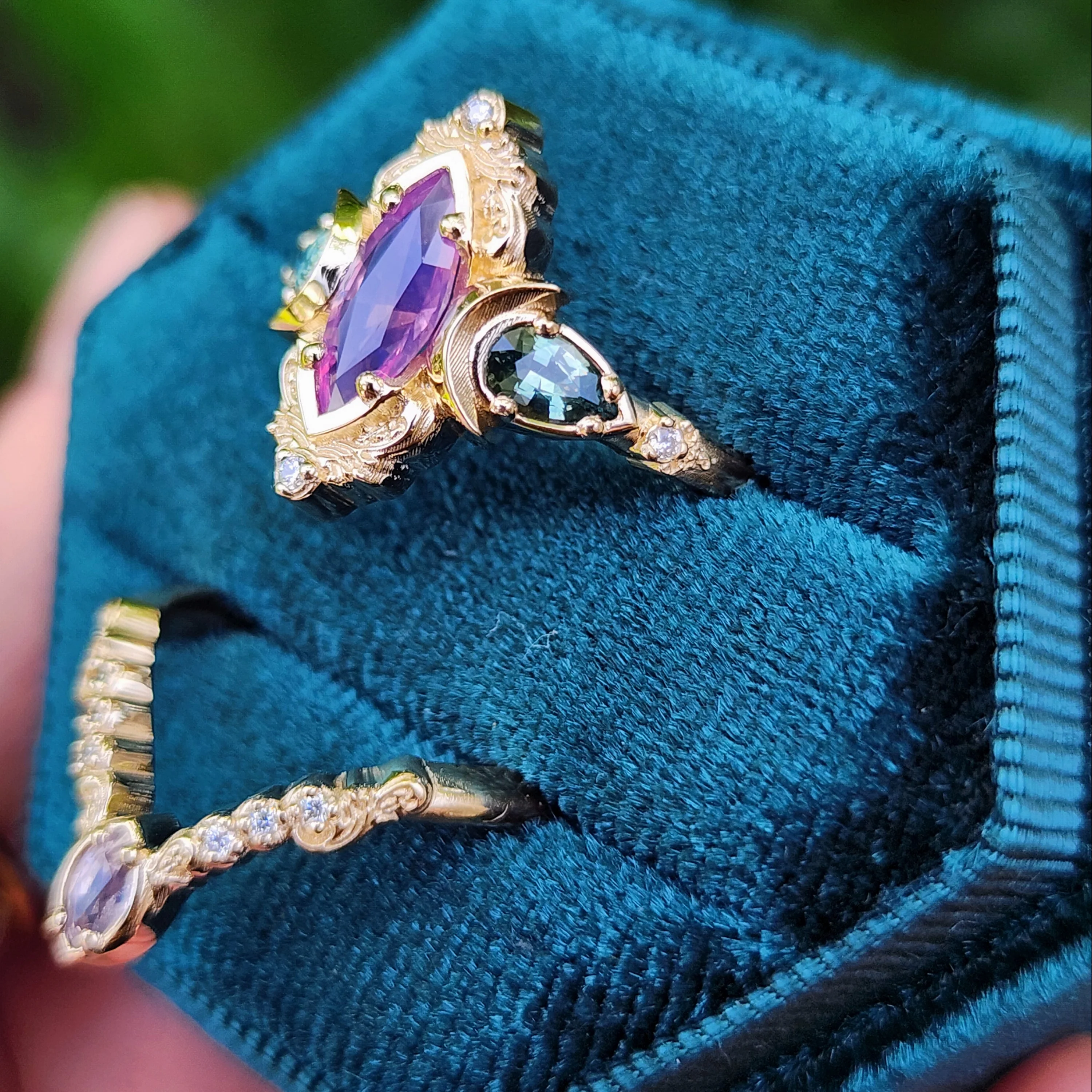 Ready to Ship 4-6 .83ct Natural Purple Opalescent Sapphire Marquise Moonlight Odette Ring Set 14k Yellow Gold - Image 4