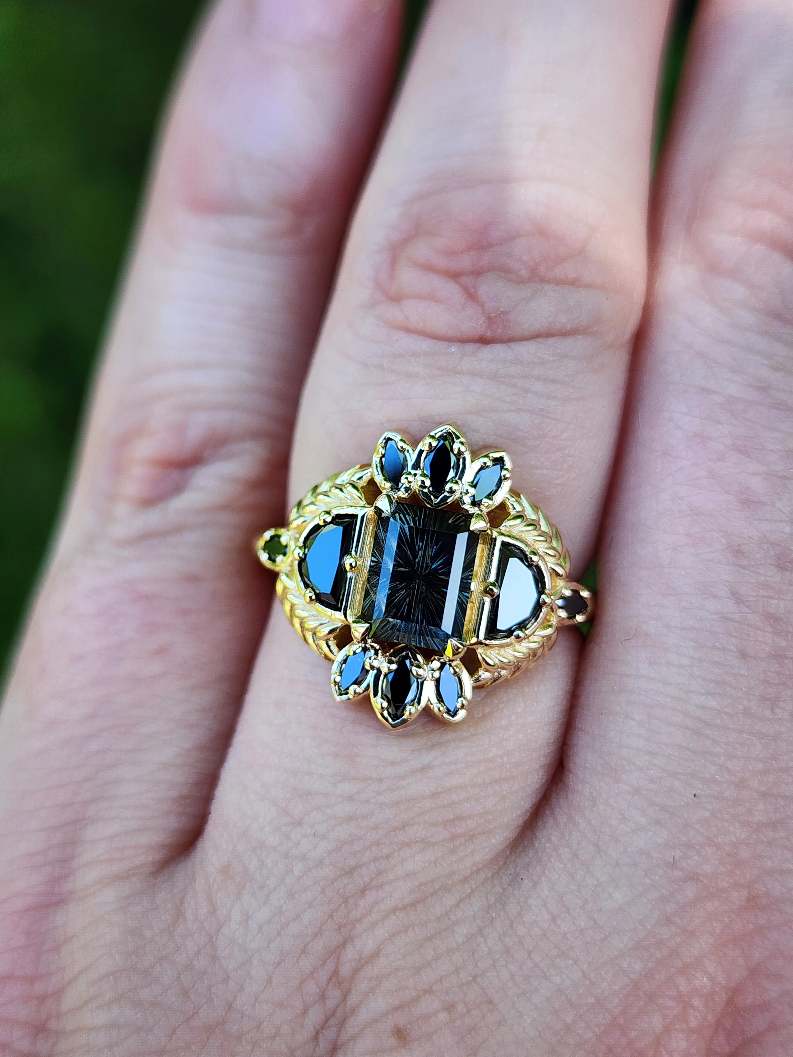 Ready to Ship 5-7 1.75ct Natural Kenyan Sapphire Fantasy Emerald Cut Demeter Ring 14k Yellow Gold - Image 12