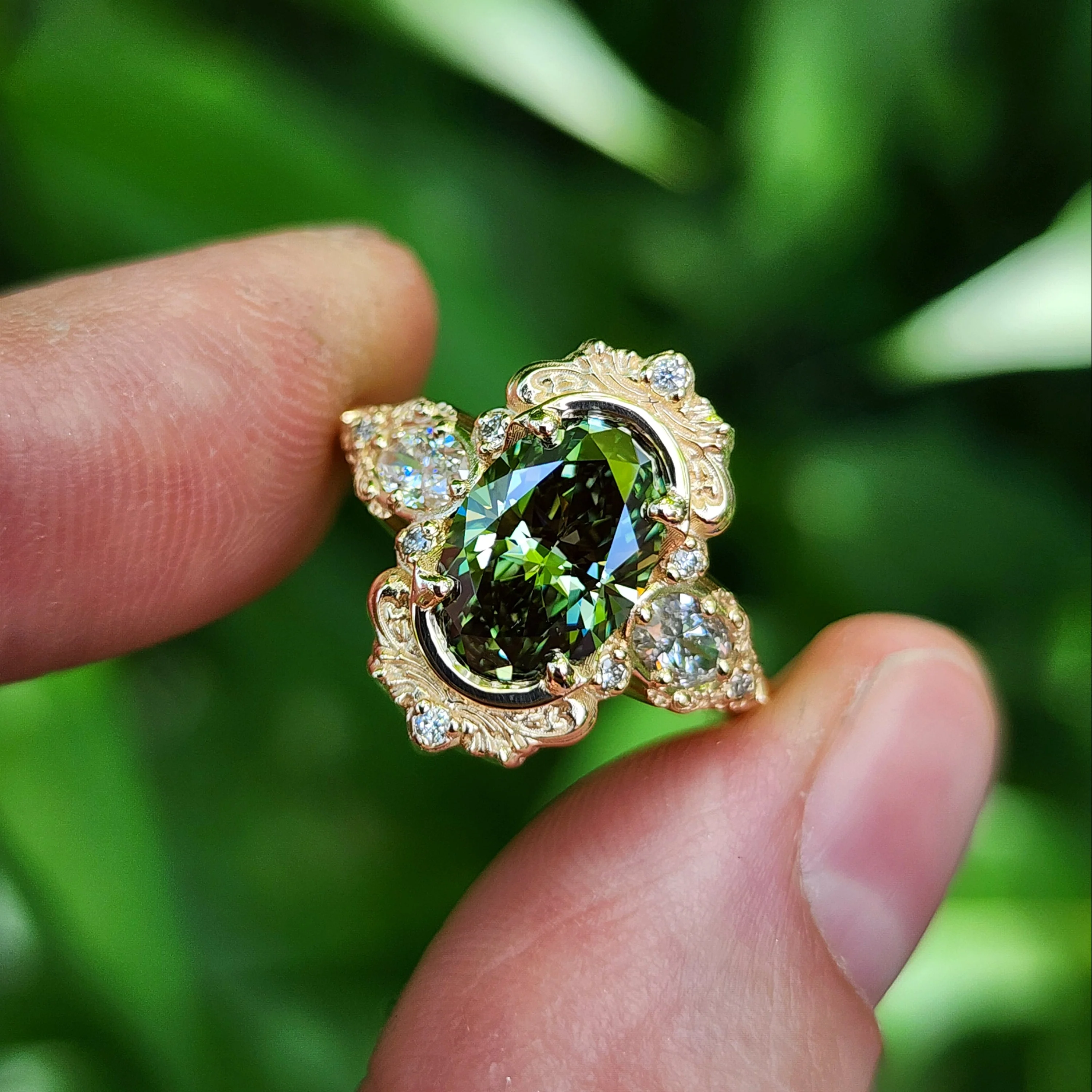 Ready to Ship 6-8 2.08ct Lab Green Diamond Oval Josephine Filigree Engagement Ring 14k Yellow Gold