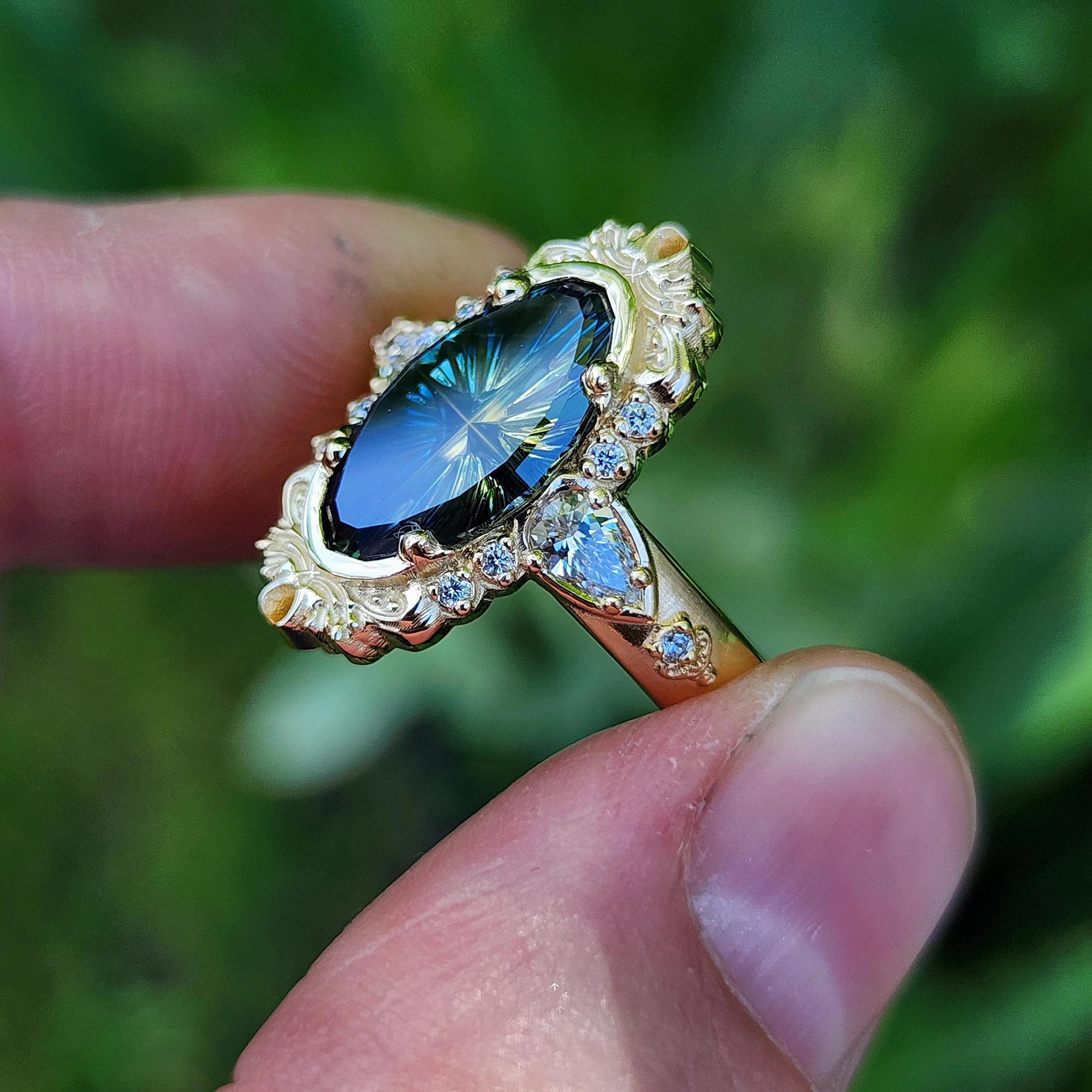 Ready to Ship 6-8 3.12ct Natural Australian Parti Fantasy Moval Cut Sapphire Wide Band Odette 14k Yellow Gold - Image 8