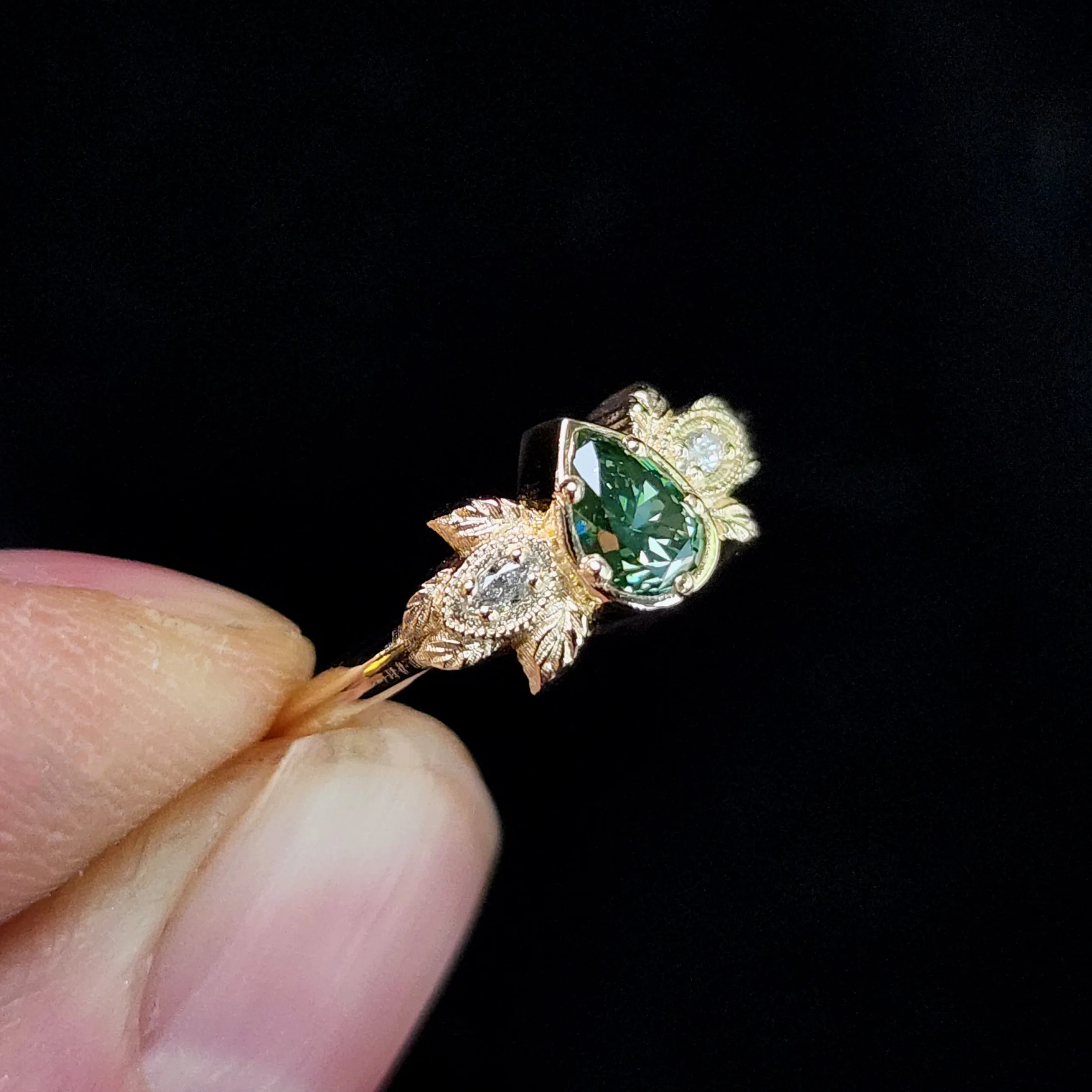 Ready to Ship Size 3-5 - Natural Irradiated Green Pear Diamond Leaf Ring in 14k Yellow Gold - Image 4