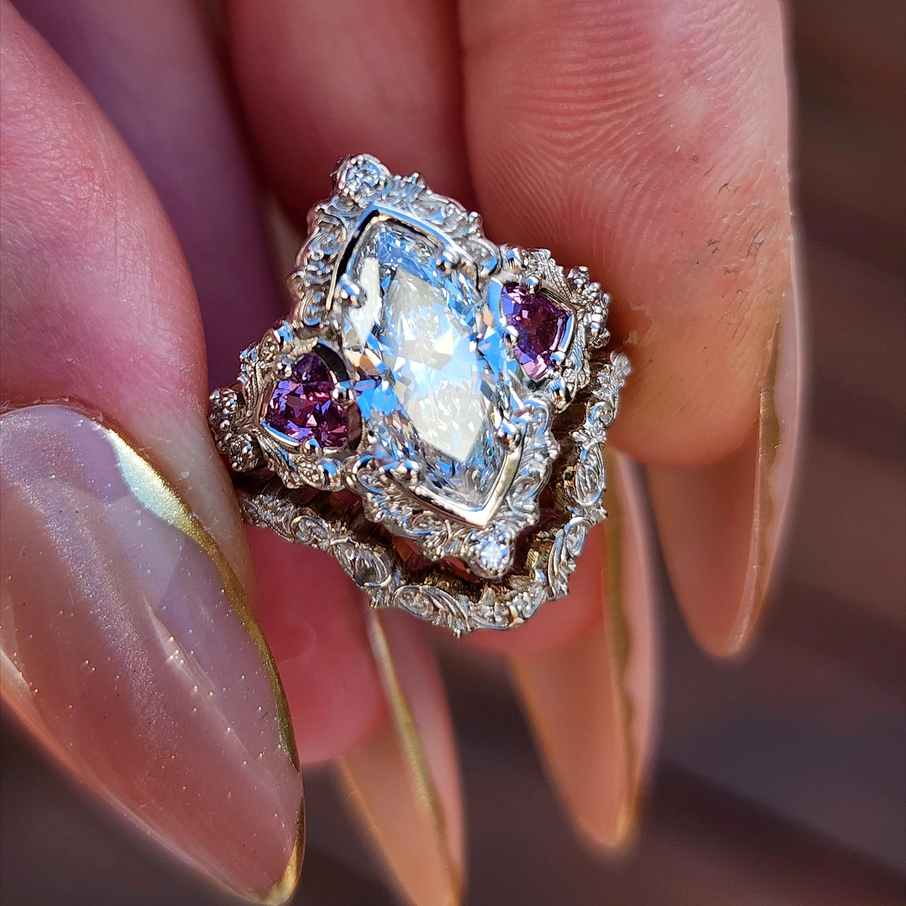 Ready to Ship Size 4.5-6.5 - 1.64ct Marquise Lab Diamond Delilah Engagement Ring Set with Pink Sapphire Trillions - 14k Palladium White Gold - Image 7