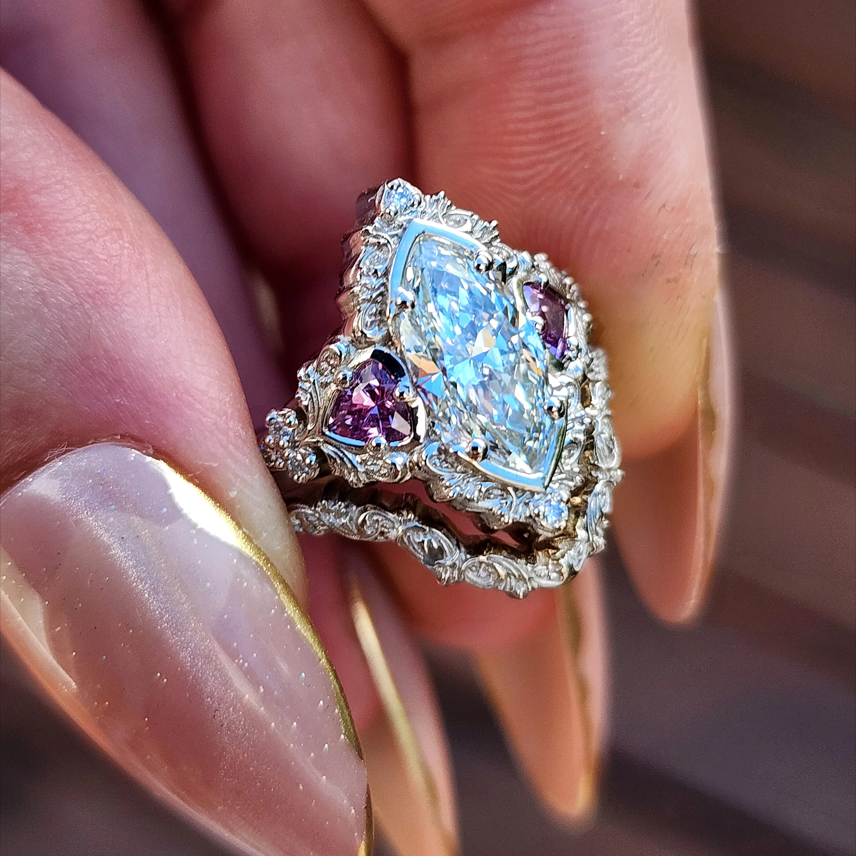 Ready to Ship Size 4.5-6.5 - 1.64ct Marquise Lab Diamond Delilah Engagement Ring Set with Pink Sapphire Trillions - 14k Palladium White Gold - Image 8