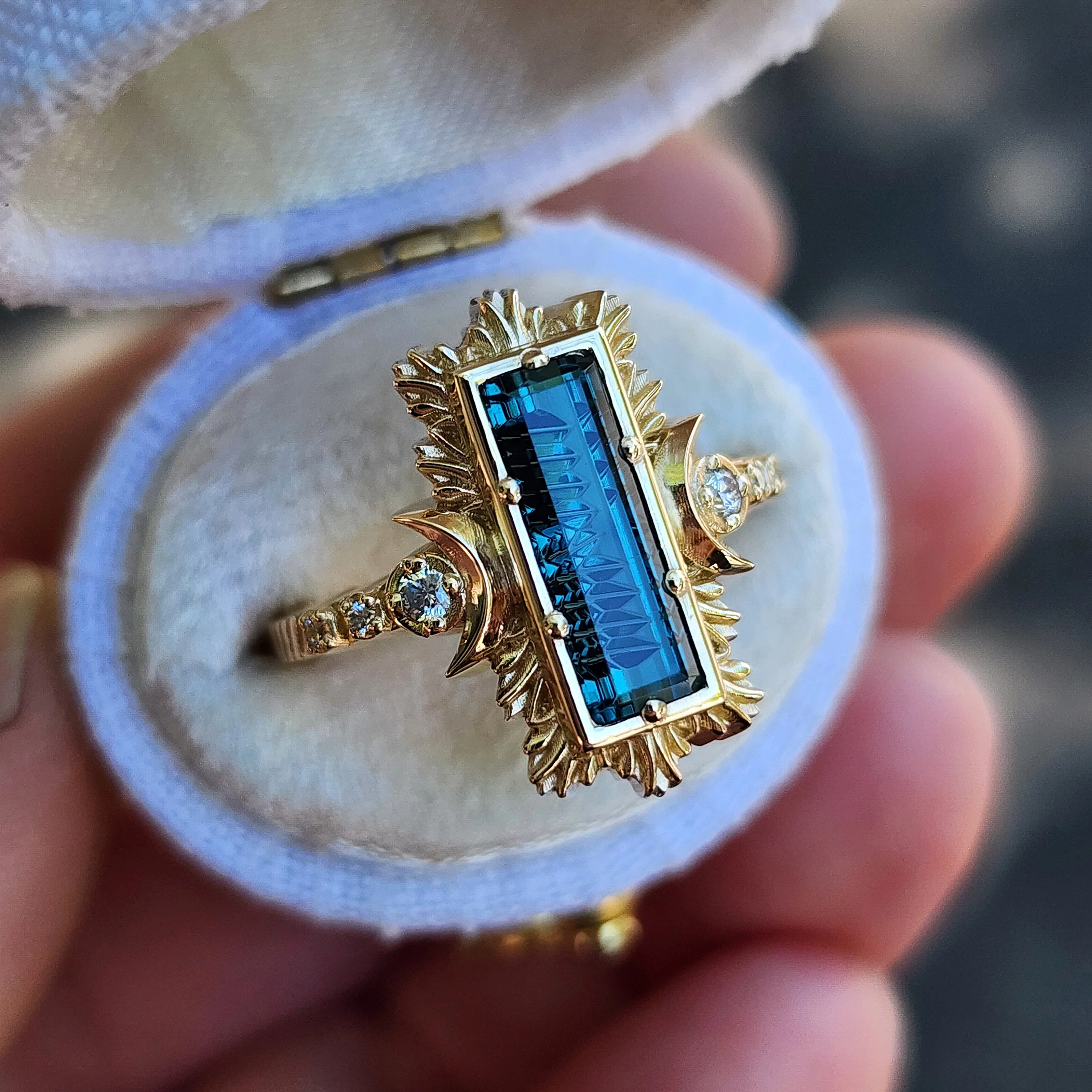 Ready to Ship Size 4.5-6.5 Fantasy Cut Baguette Indicolite Tourmaline Moon Fire Ring 14k Yellow Gold - Image 3