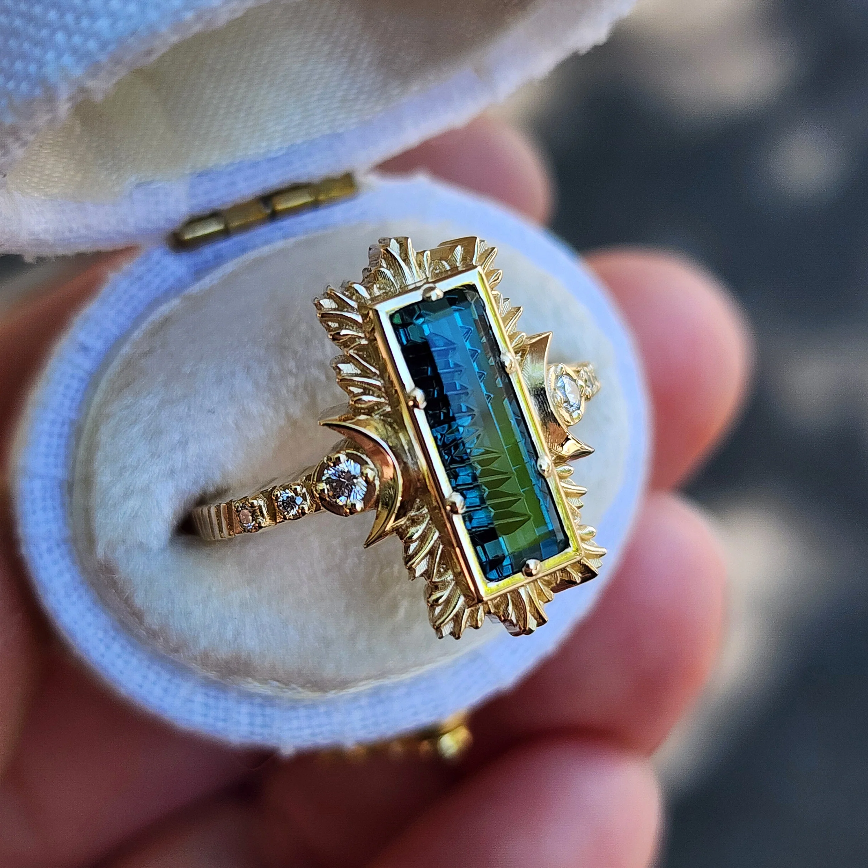 Ready to Ship Size 4.5-6.5 Fantasy Cut Baguette Indicolite Tourmaline Moon Fire Ring 14k Yellow Gold - Image 4