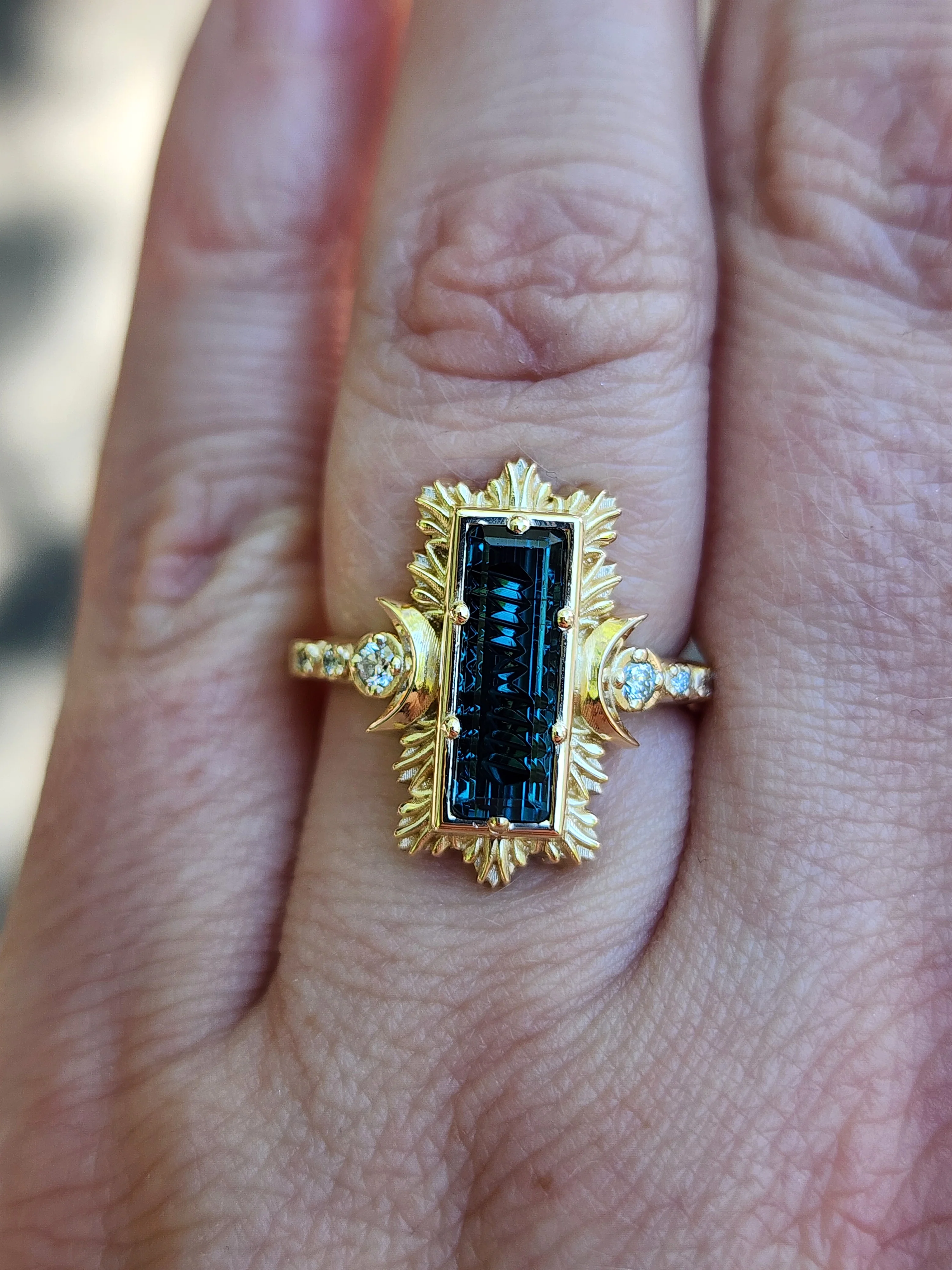 Ready to Ship Size 4.5-6.5 Fantasy Cut Baguette Indicolite Tourmaline Moon Fire Ring 14k Yellow Gold - Image 9