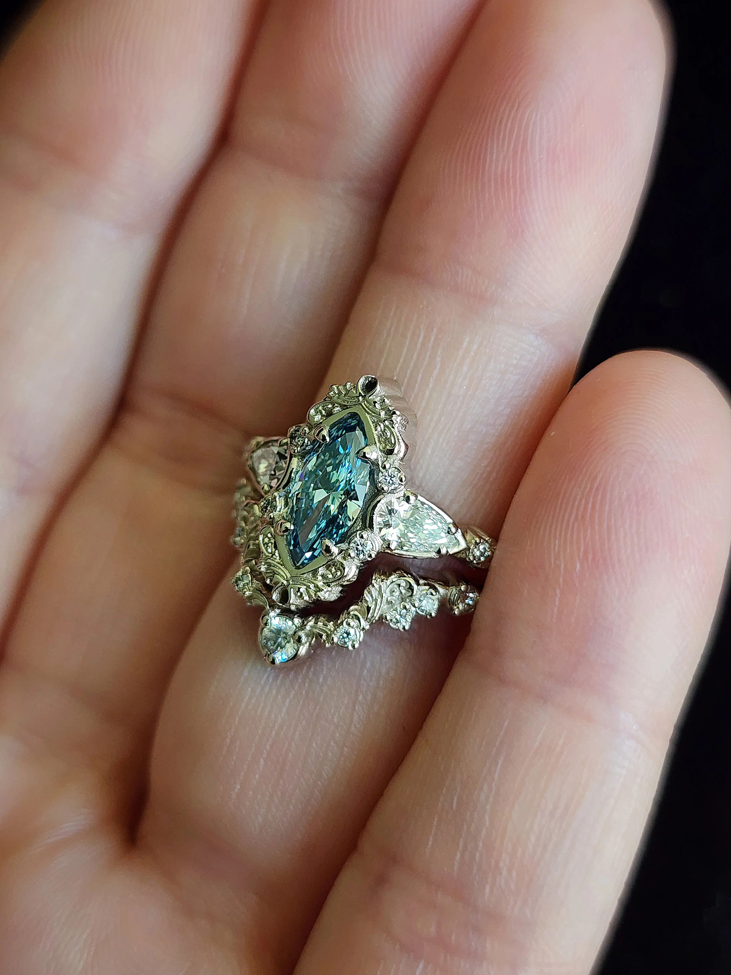 Ready to Ship Size 4-6 Blue Diamond Marquise Odette Engagement Ring Set - 14k Palladium White Gold - Image 10