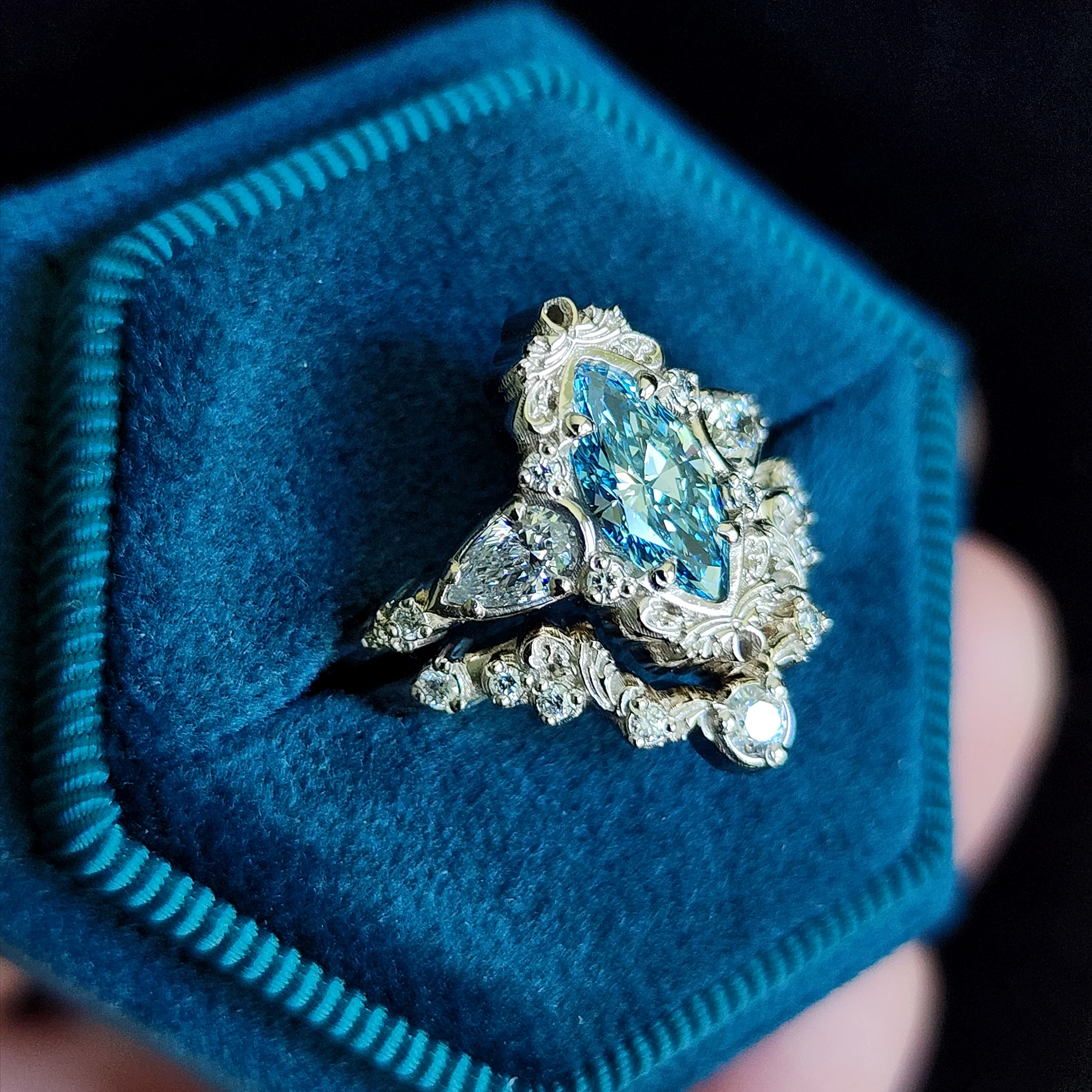 Ready to Ship Size 4-6 Blue Diamond Marquise Odette Engagement Ring Set - 14k Palladium White Gold - Image 5