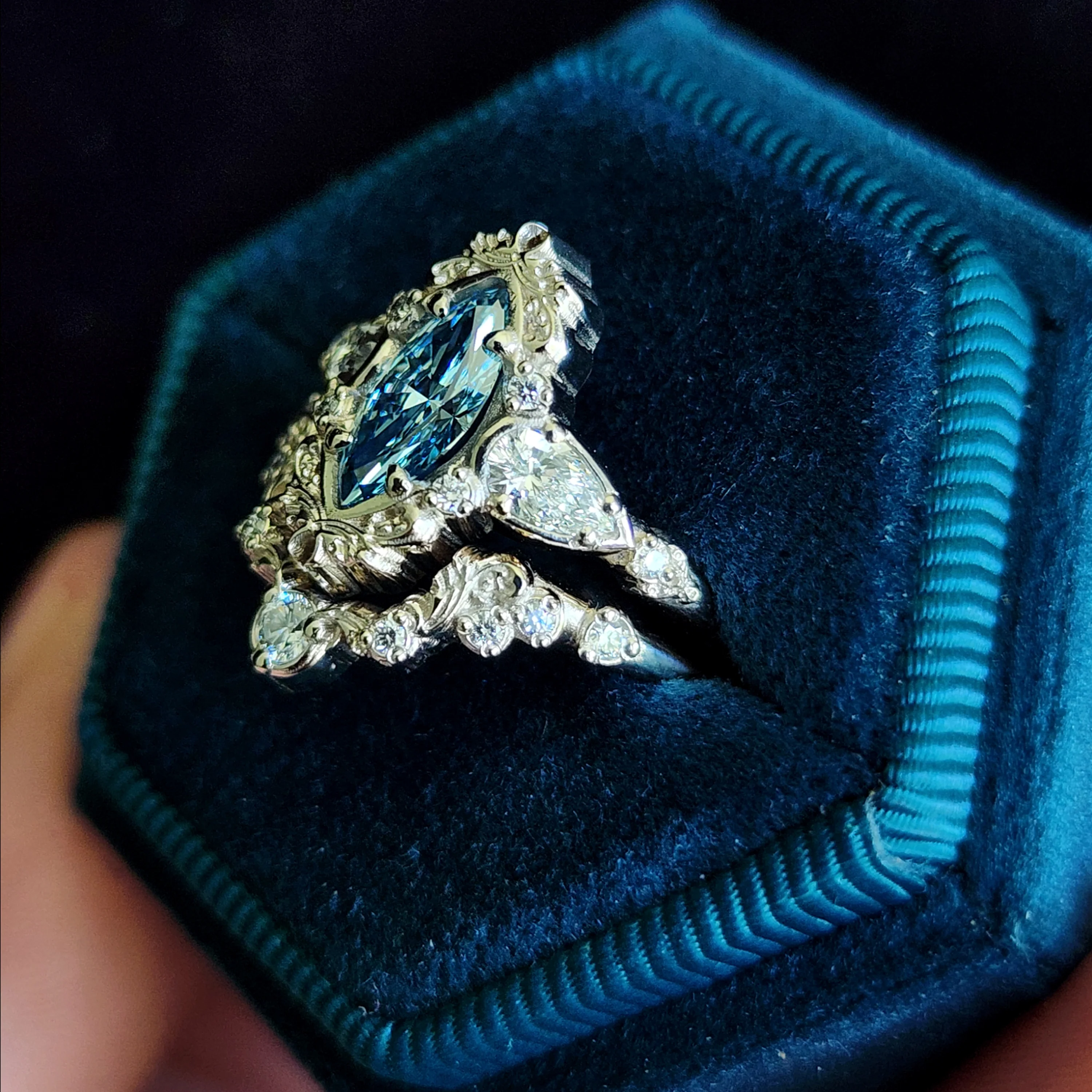 Ready to Ship Size 4-6 Blue Diamond Marquise Odette Engagement Ring Set - 14k Palladium White Gold - Image 7