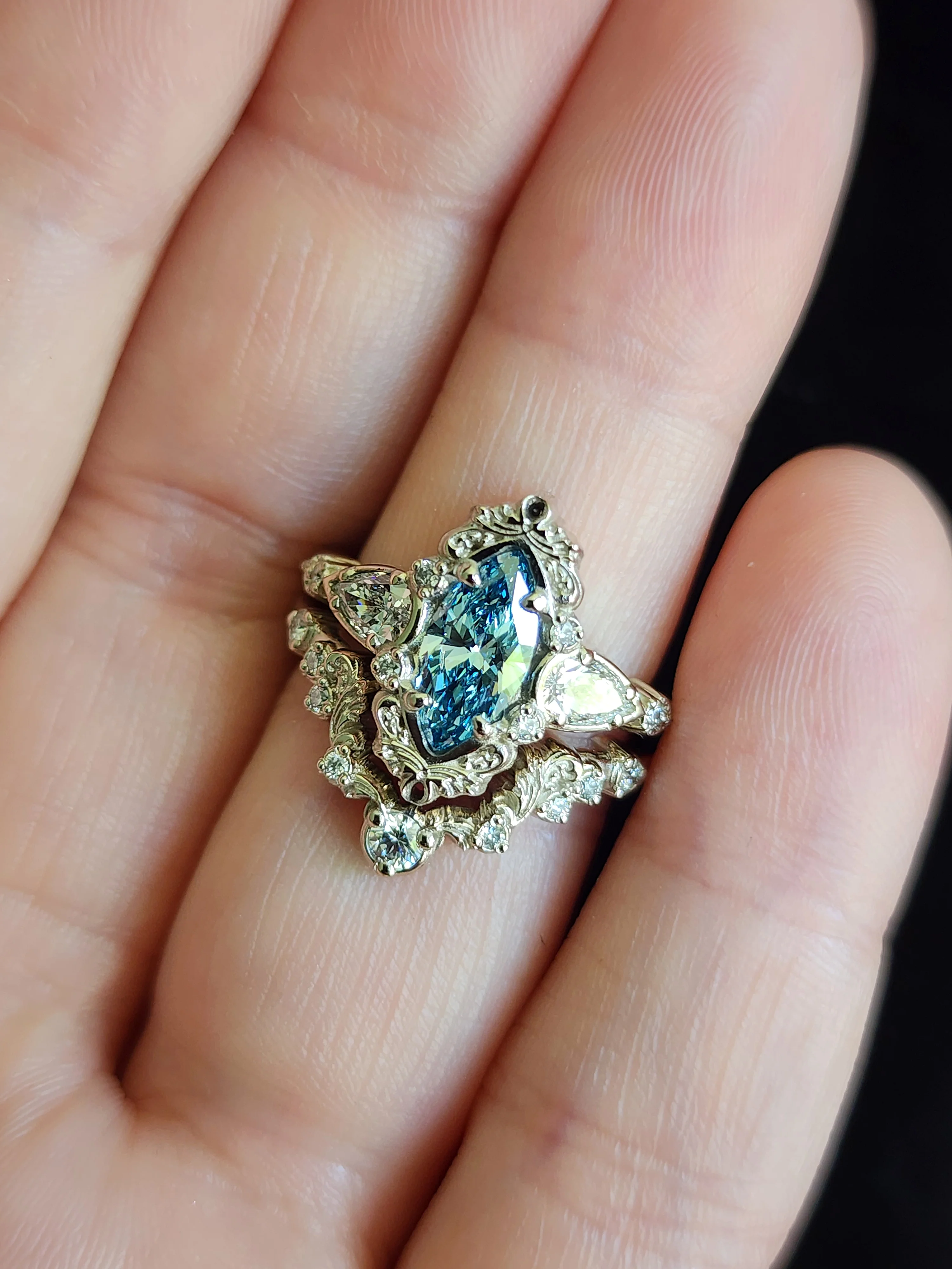 Ready to Ship Size 4-6 Blue Diamond Marquise Odette Engagement Ring Set - 14k Palladium White Gold - Image 8