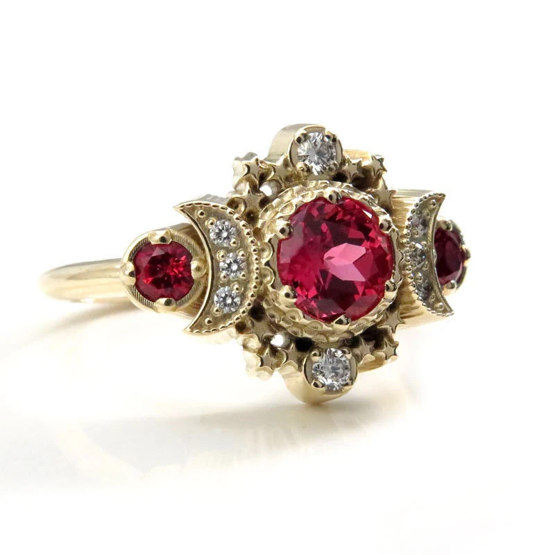 Ready to Ship Size 4-6 Chatham Padparadscha Sapphire Cosmos Engagement Ring - 14k Yellow Gold and Diamonds - Image 10