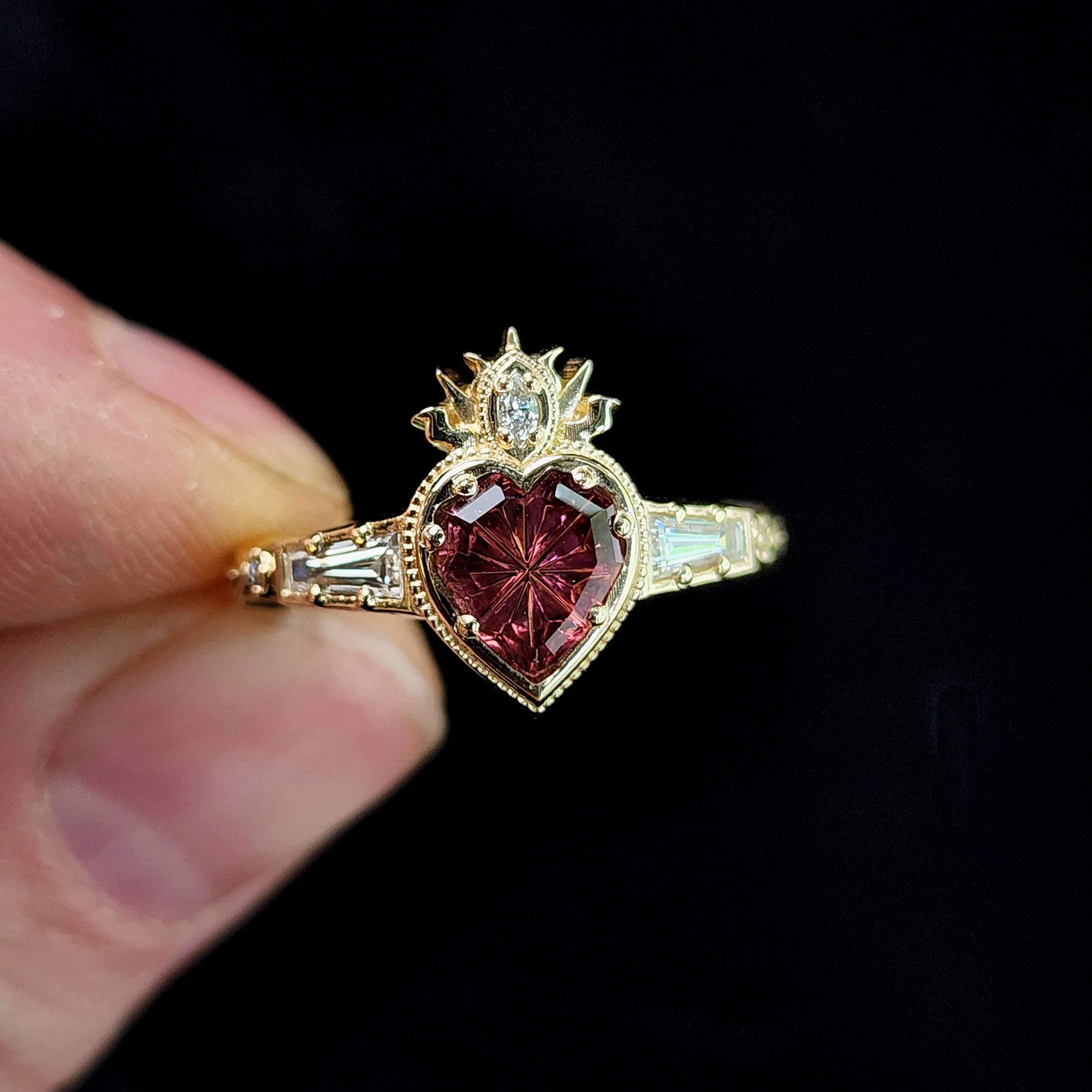 Ready to Ship Size 4-6 - Cosmic Love Flaming Heart Ring with Pink Tourmaline 14k Yellow Gold