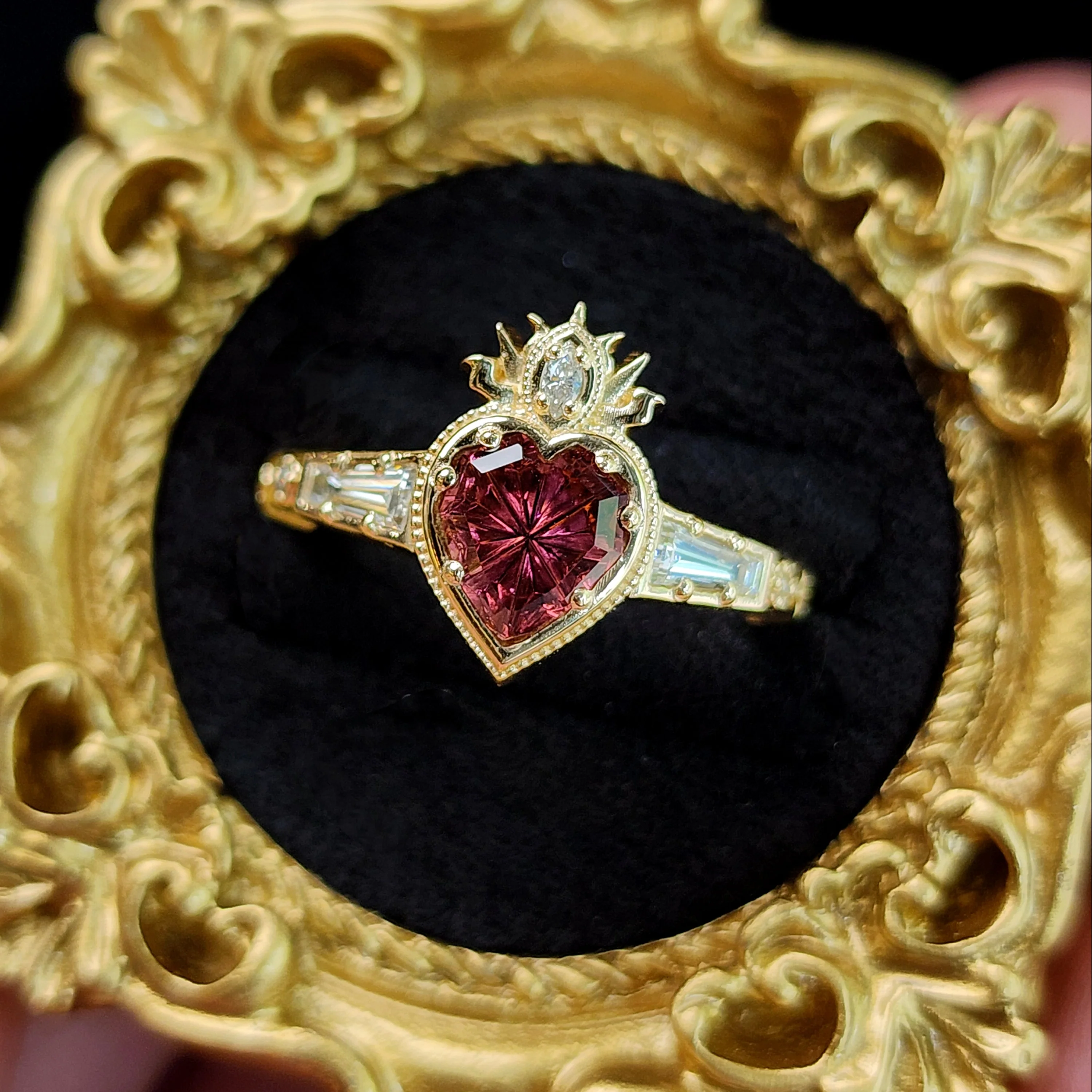 Ready to Ship Size 4-6 - Cosmic Love Flaming Heart Ring with Pink Tourmaline 14k Yellow Gold - Image 2