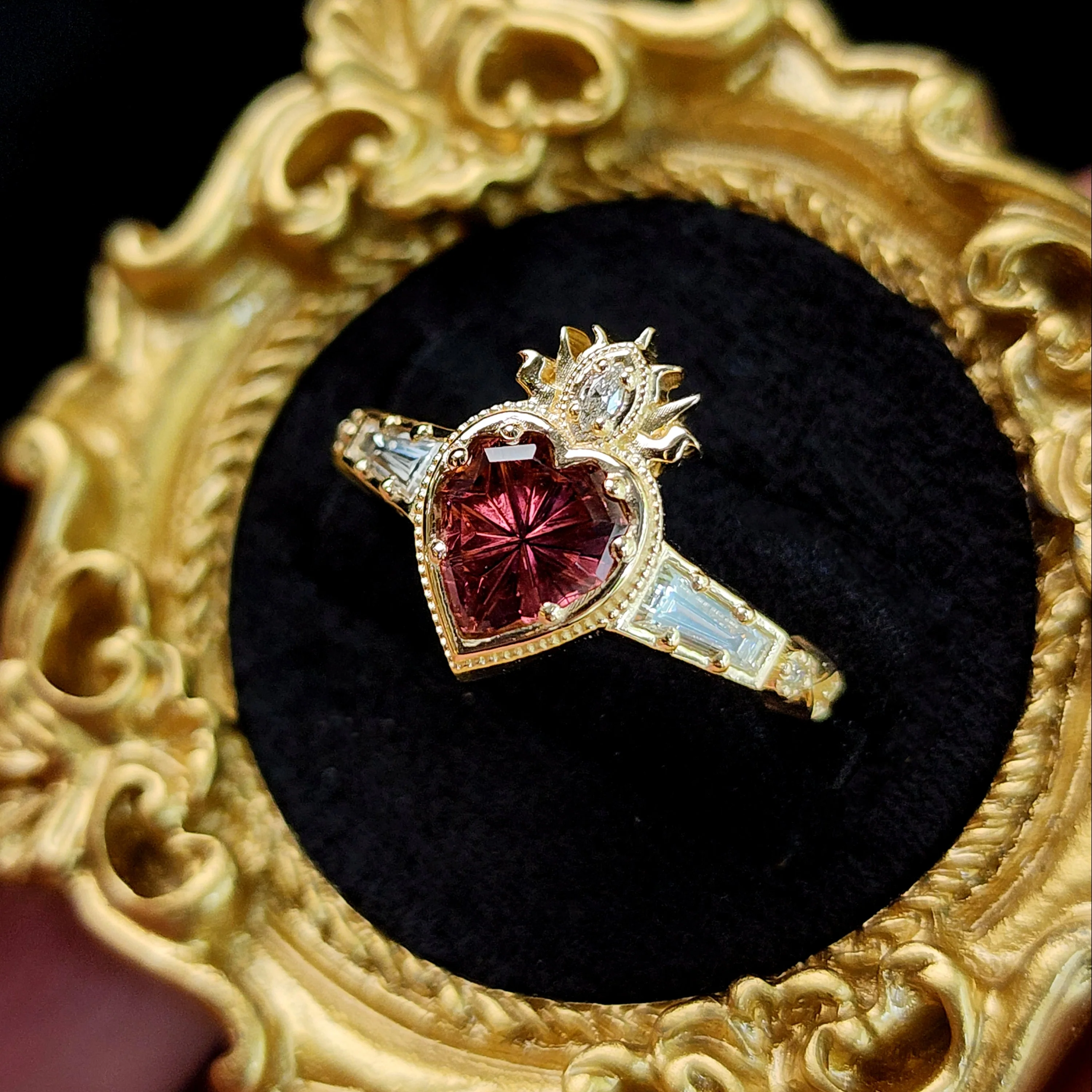Ready to Ship Size 4-6 - Cosmic Love Flaming Heart Ring with Pink Tourmaline 14k Yellow Gold - Image 3
